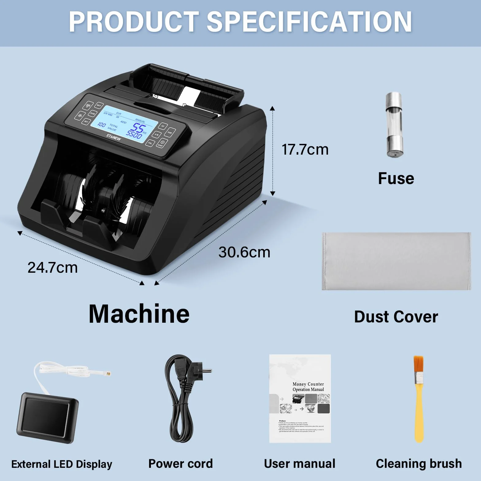 Contador de billetes STANEW, modos de conteo por lotes y cortes, contador de billetes profesional Euro,UV/MG/IR, velocidad >1000pcs/min, EUR/USD/GBP,Contador de billetes portátil con póster