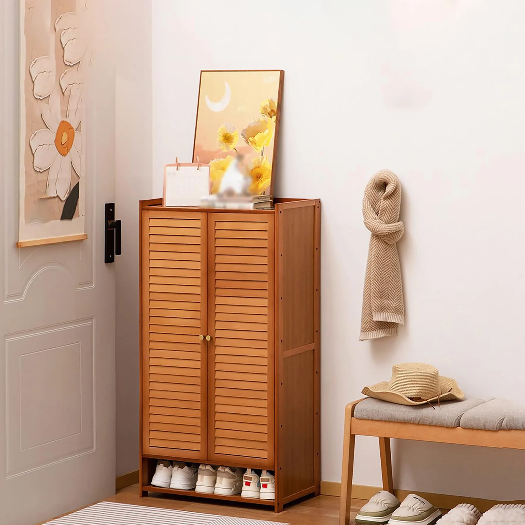 Zapatero de Bambú 7 Niveles 110cm Armario para Zapatos con Puertas de Lamas Tea Brown 58×33×110cm