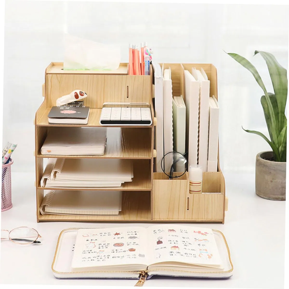 TOPBATHY Estante Organizador de Madera de Escritorio Diseño Multi-Compartimentos Almacenamiento Grande, Fuerte y Estable para Documentos y Papelería en Oficina