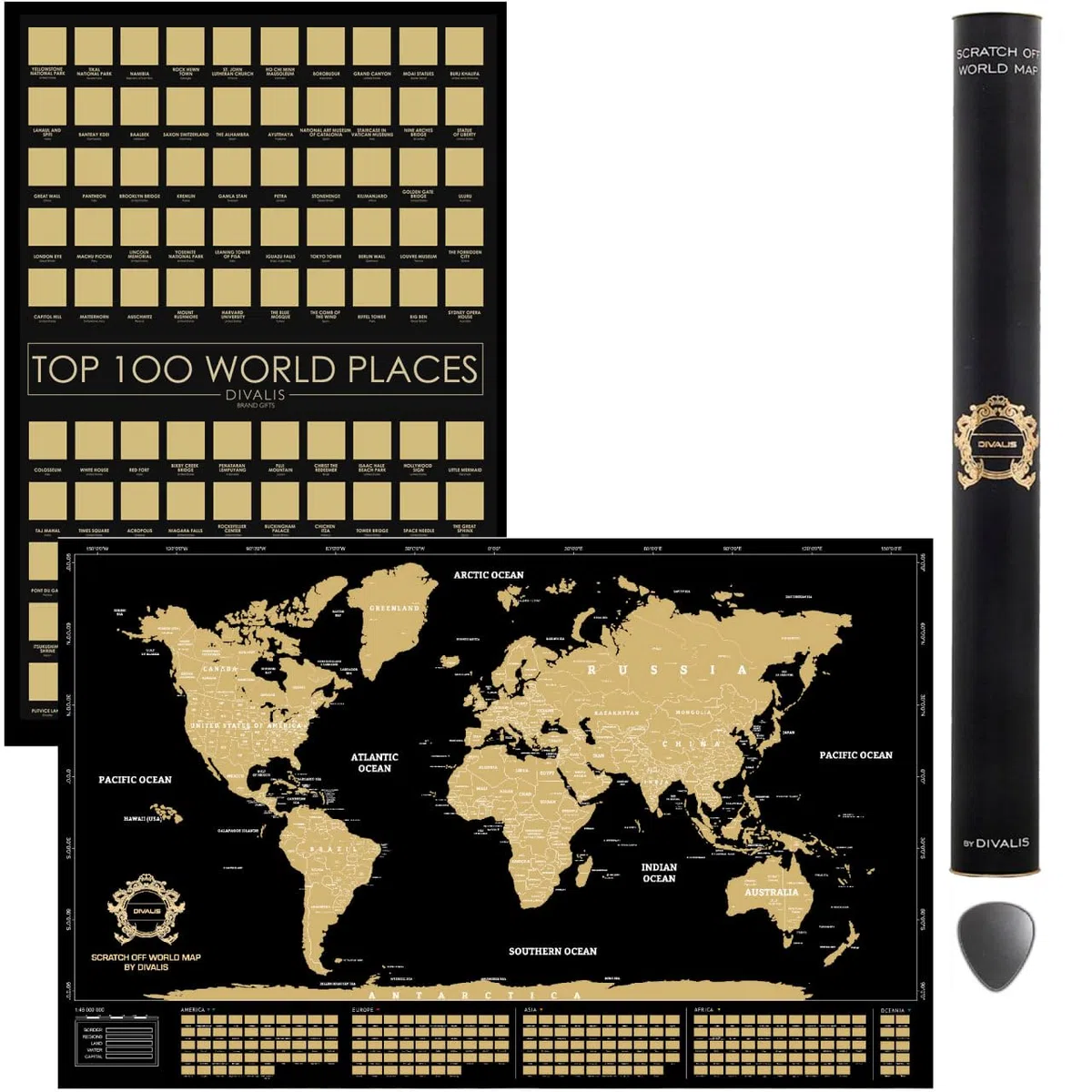 Grande Set de Regalo 2 en 1 - Póster Rascable de los 100 Mejores Lugares Para Visitar y Mapa Mundial Para Rascar - Mejor Mapa de los Lugares Donde he Estado