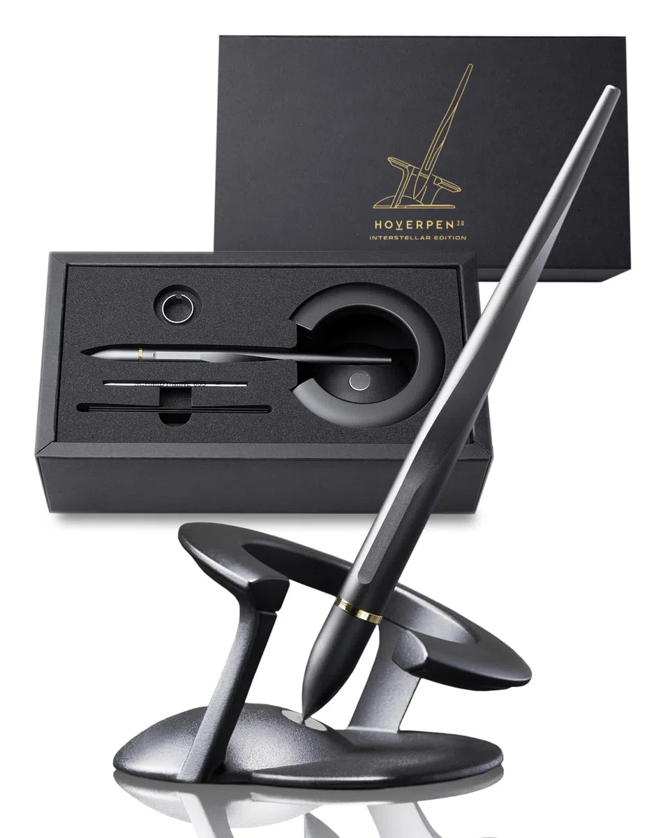 novium Hoverpen Interstellar Edition - Bolígrafo de lujo futurista hecho con aleaciones aeroespaciales, estética única, bolígrafo ejecutivo giratorio gratis, regalos para hombres y mujeres (negro