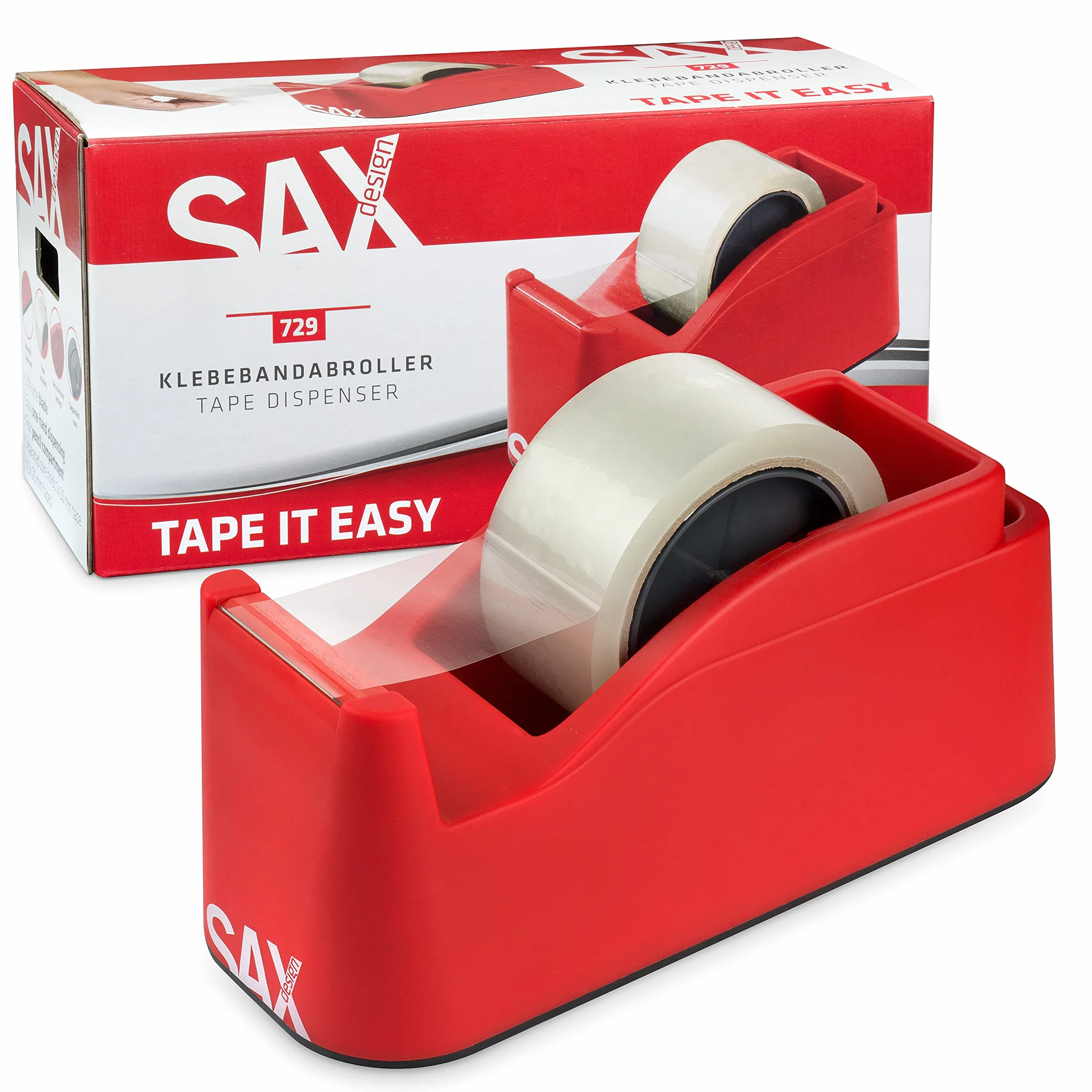 SAX Tape it Easy XXL Einhand Klebeband Abroller extra Schwer | für 1x 50mm Band oder 2x 25mm Band, Paketbandabroller mit Stiftehalter Funktion, rutschfest, inkl. doppelseitige Klinge