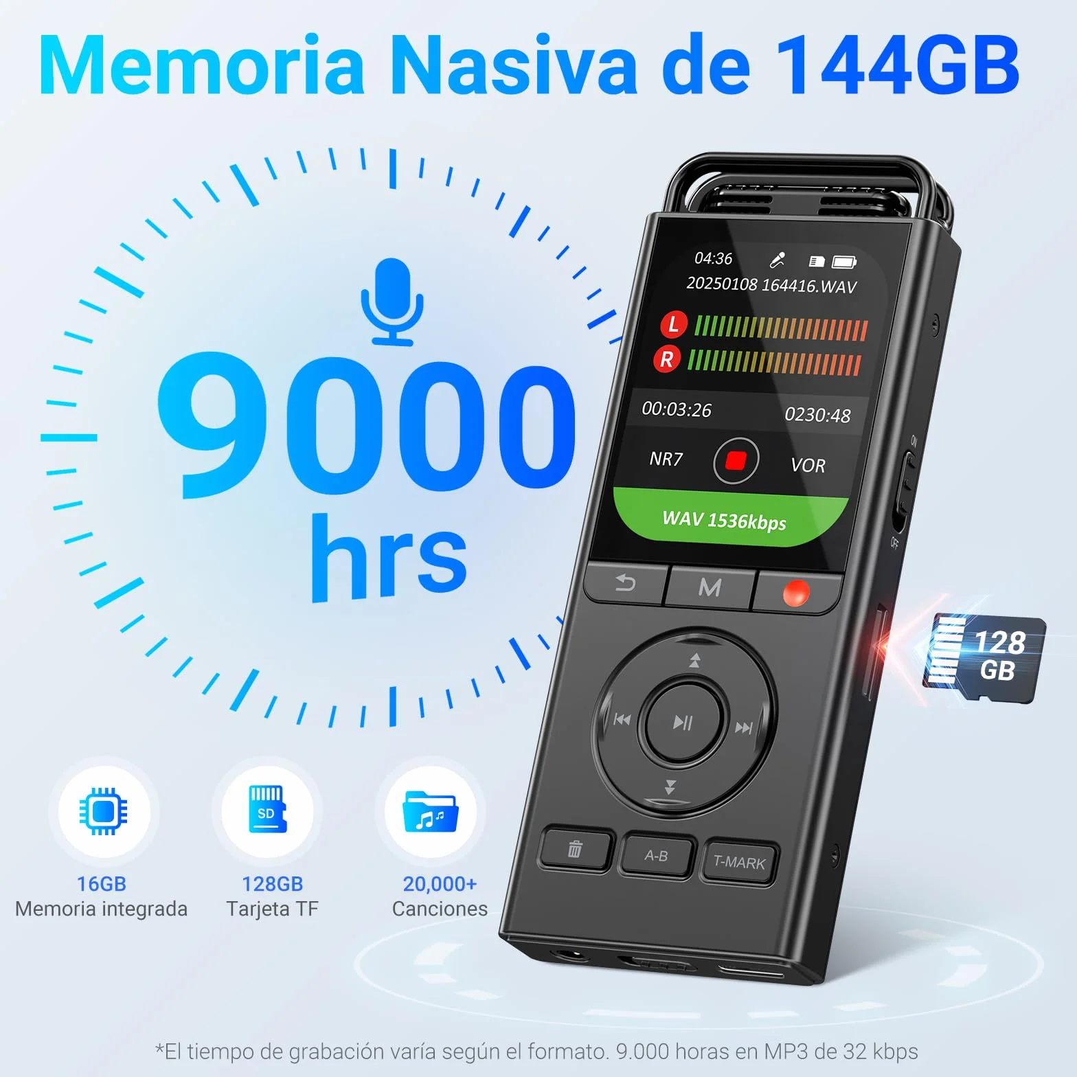 Grabadora de Voz Digital MECHEN 144 GB, Activada por Voz, 10000 h Grabación, Audio HD 3072 Kbps, Reducción de Ruido