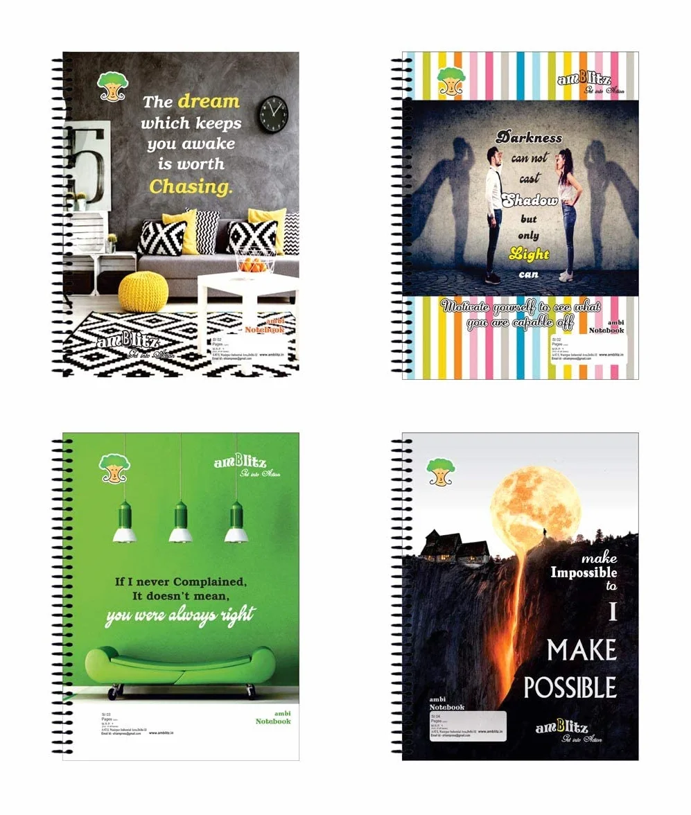 amblitz Cuaderno en espiral | 500 páginas | Paquete de 2 | Tamaño A4 | Rayado de una sola línea | Hermosas cubiertas con citas motivacionales | Cuaderno de notas para estudiantes universitarios |