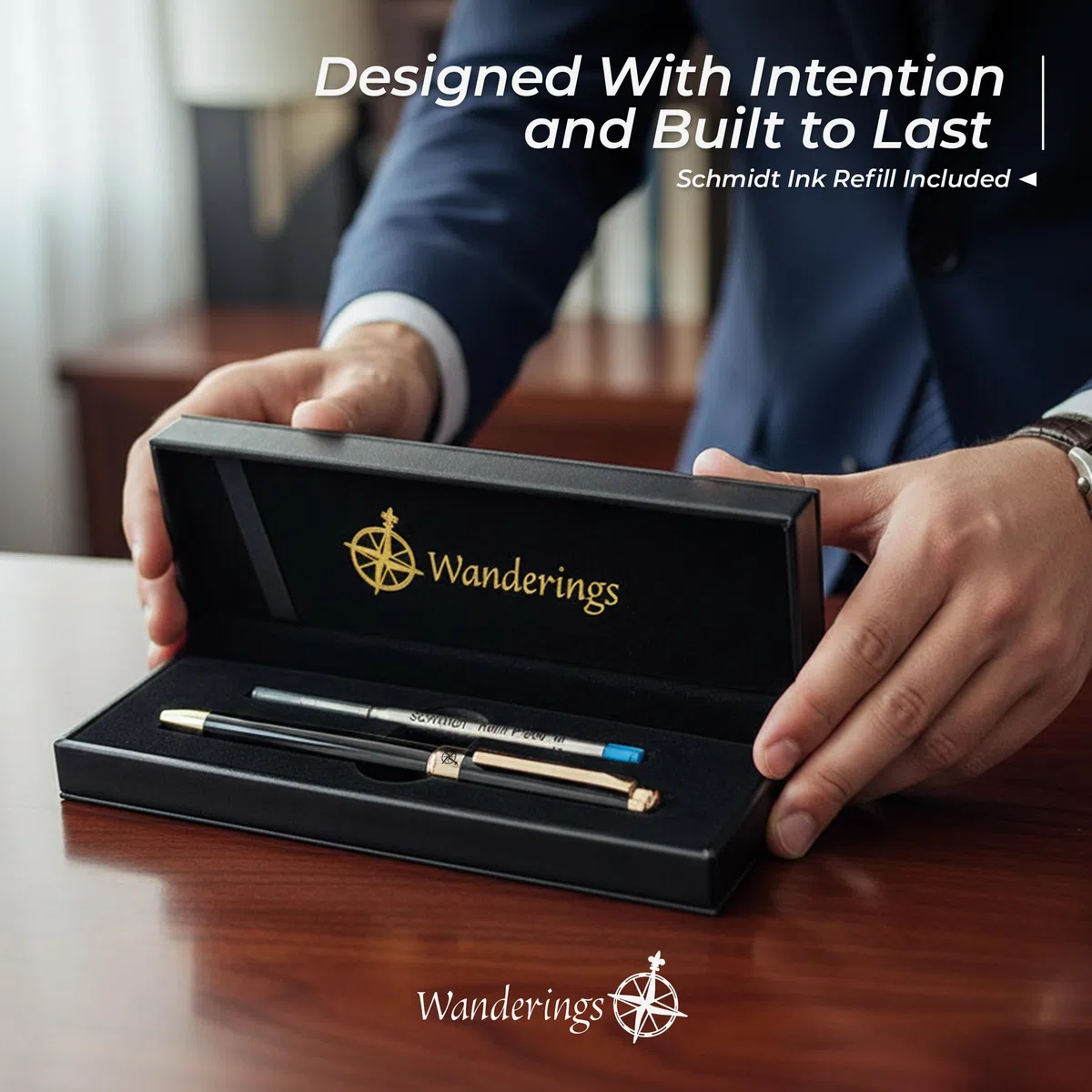 WANDERINGS Bolígrafo Rollerball Premium con Tinta Alemana – Escritura Sobresaliente, 24K Chapado en Oro – Negro Piano – Incluye un Recambio Schmidt en un Estuche de Presentación para Regalo