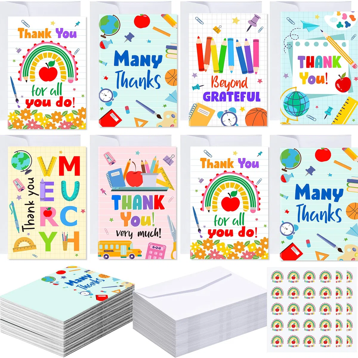 Motiskyy Juego de 48 tarjetas de agradecimiento para profesores con sobres y calcomanías, tarjetas de felicitación de estudiantes a granel para la semana de agradecimiento de los profesores, mejor