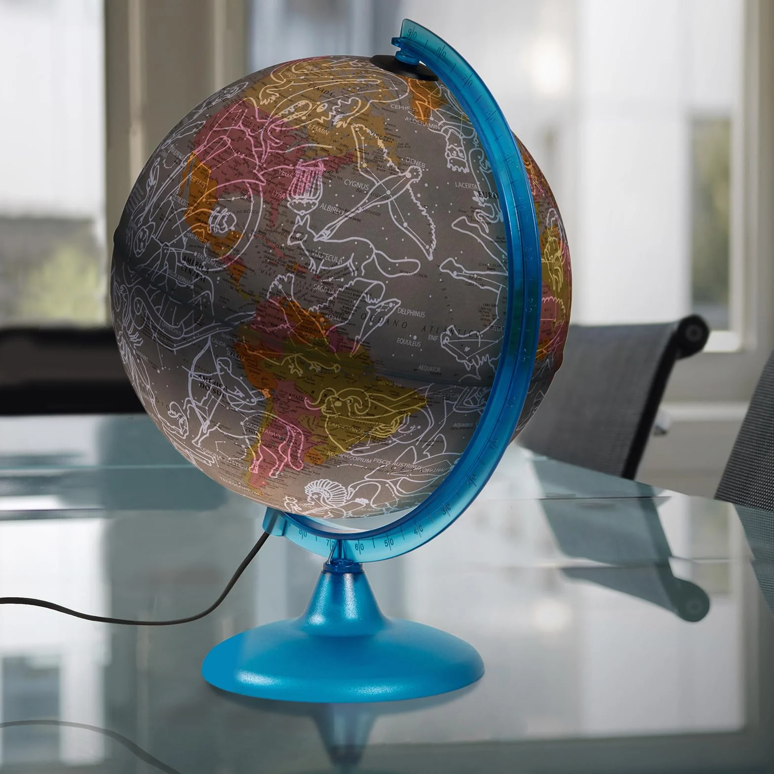 Tecnodidattica Night&Day Globo Terráqueo 25cm Doble Función Política y Constelaciones Luminoso Giratorio Meridiano Graduado