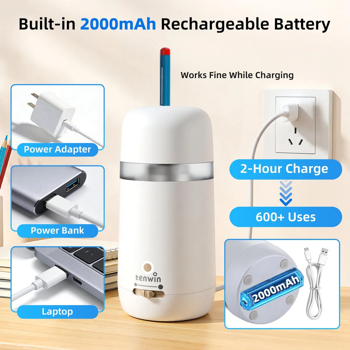 tenwin Sacapuntas eléctrico totalmente automático, recargable y portátil, afilado rápido de lápices y lápices de colores de 7 a 12 mm, ideal para el hogar, la oficina y la escuela (blanco)