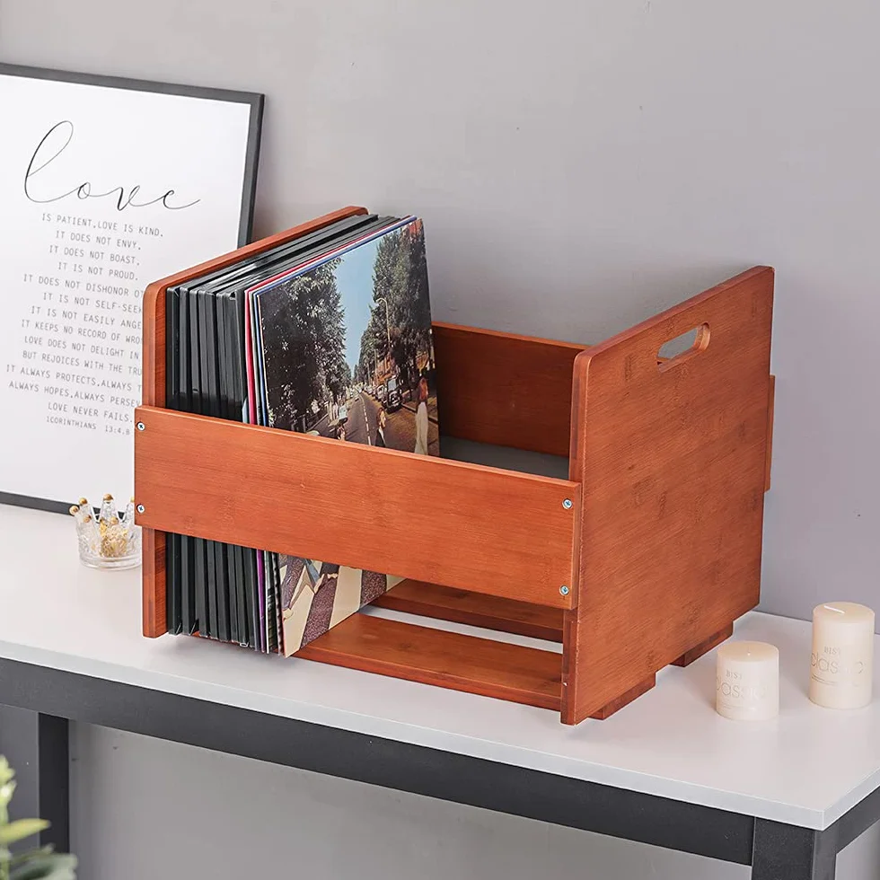 Caja de Almacenamiento para Discos de Vinilo Vintage Bambú Capacidad 80 LP Álbumes Marrón Oscuro