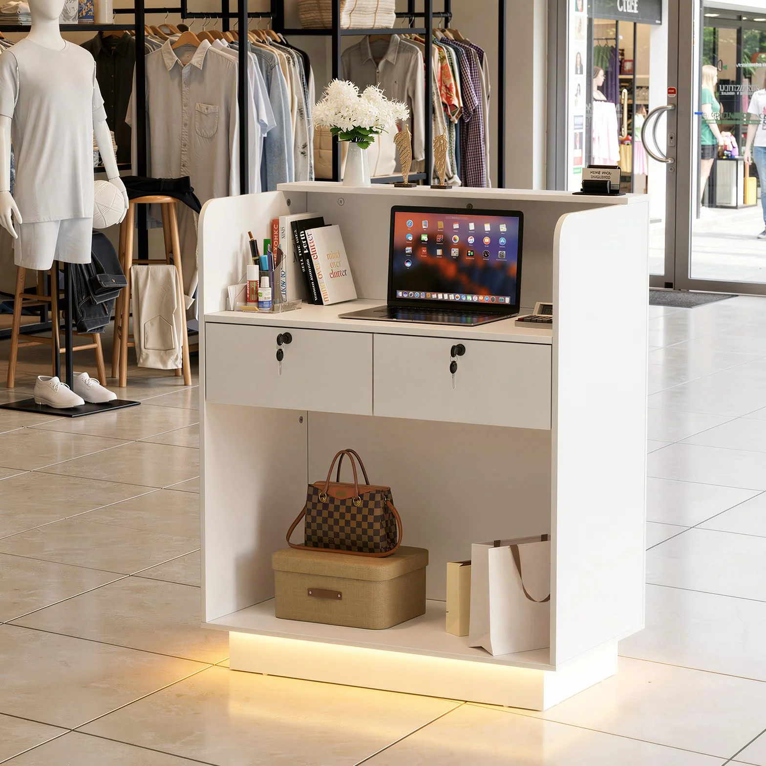 MSFE Mueble Recepción con LED, Mostrador Pequeño 103x80x45cm con Estantes Ajustables y Cajón con Cerradura
