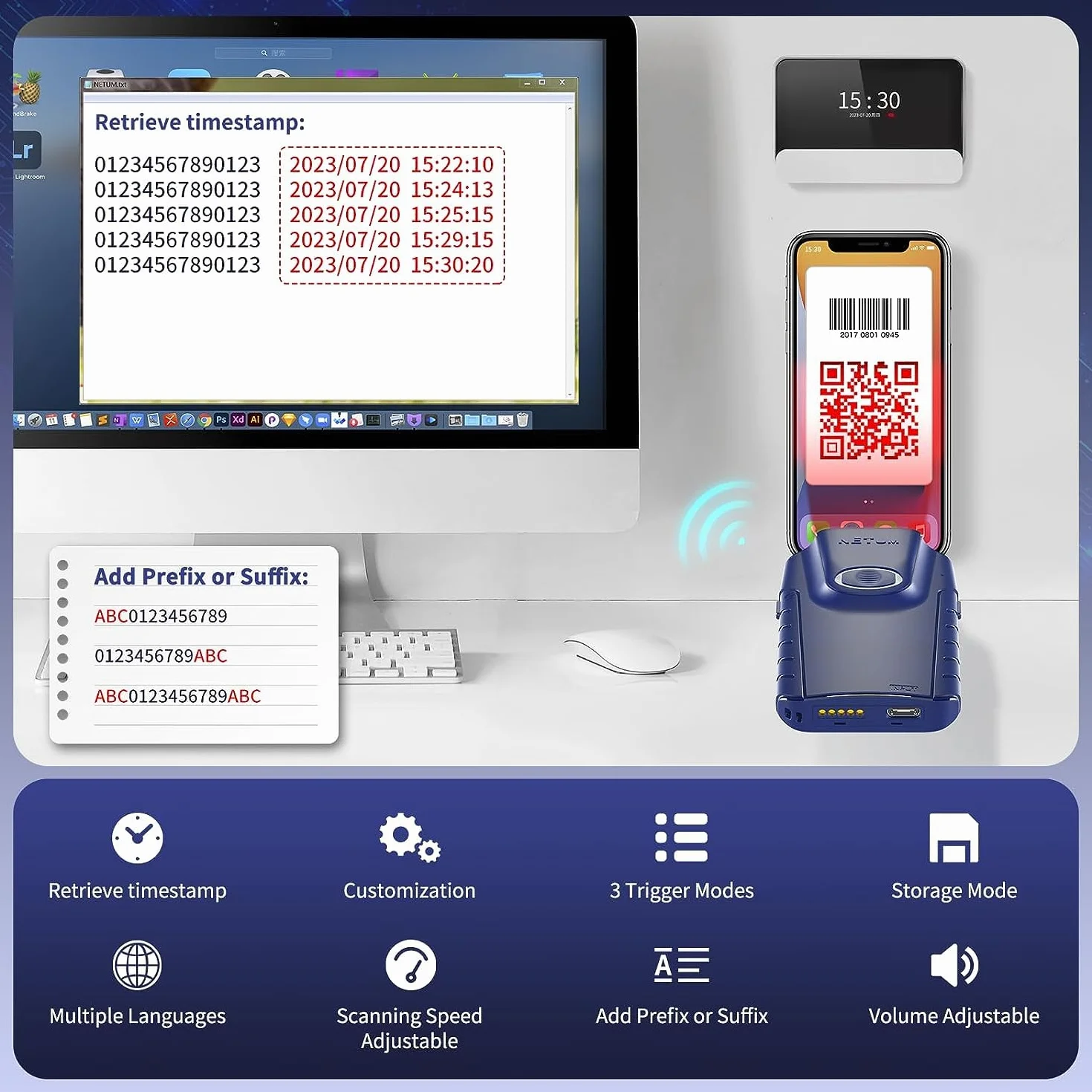 NETUM E950 Escáner de código de Barras 2D Bluetooth, 3 en 1 Lector de código de Barras QR portátil pequeño Automático Clip Trasero inalámbrico Trabajo con Tableta iOS Android Windows MacOS