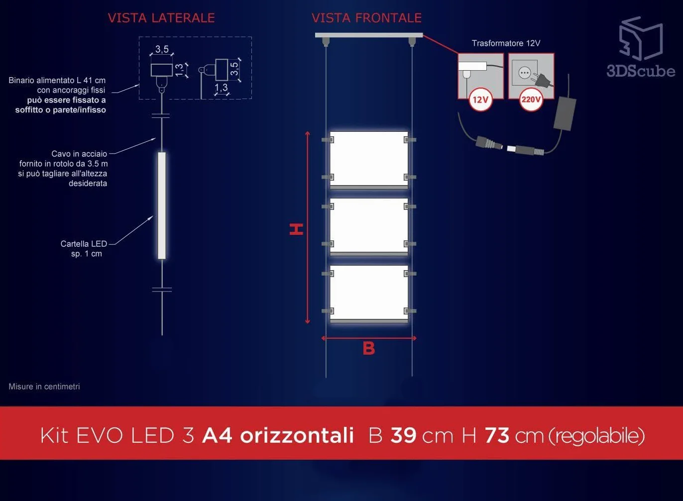 Expositor con cables luminosos de una cara para escaparate, Evo LED KIT 1 x 3 con carpetas luminosas de metacrilato formato A4 horizontal, porta anuncios para agencias inmobiliarias, estudios