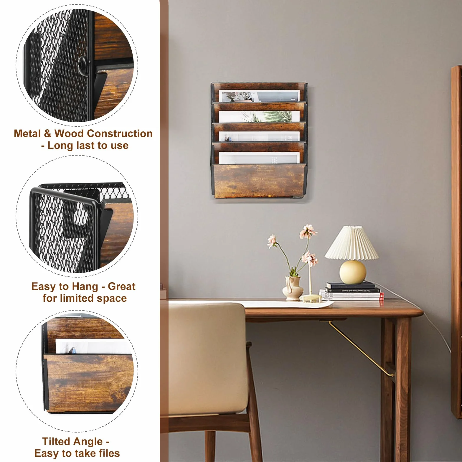TQVAI 5 Compartimentos Metálica Madera Revistero Pared Documentos Organizador Papeles A4 Colgante Oficina Archivador de Organizador Herramientas Pared, Negro/Antiguo