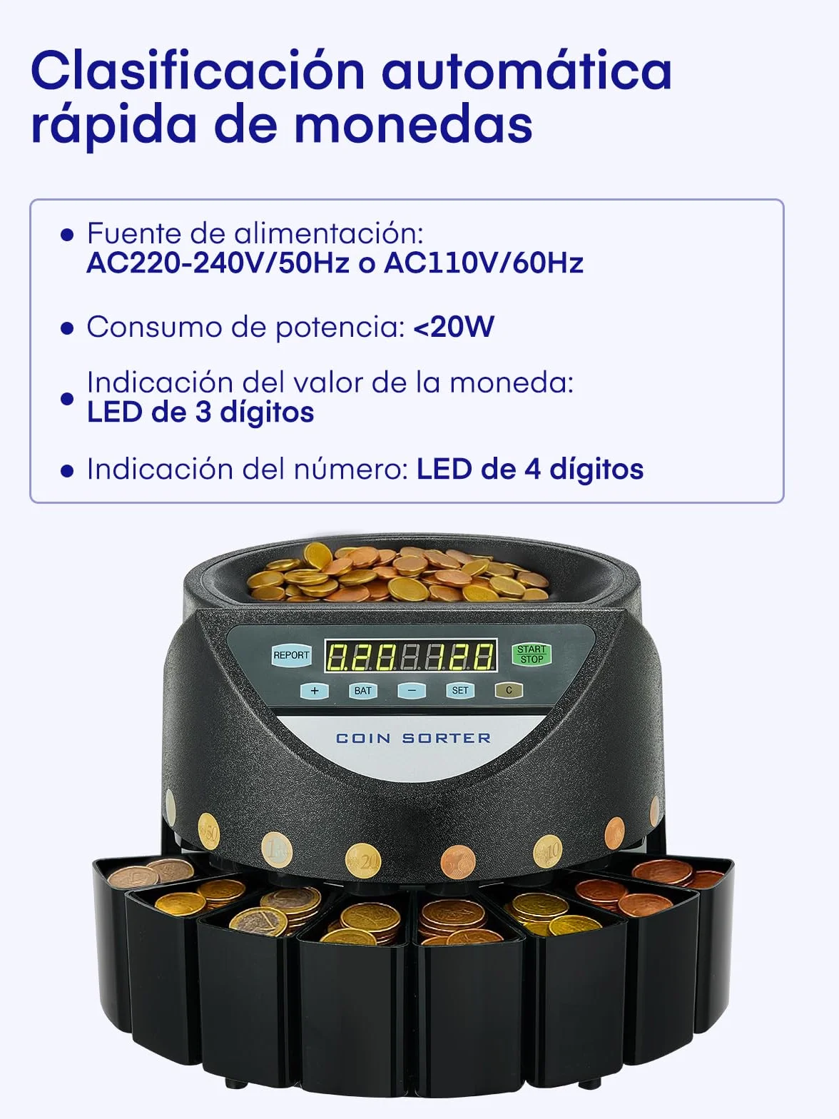 Contador de Monedas Euro, Clasificador de Monedas Capacidad para 800 monedas, Maquina Contar Monedas con 8 cajones de recolección, para colegios, tiendas y bancos