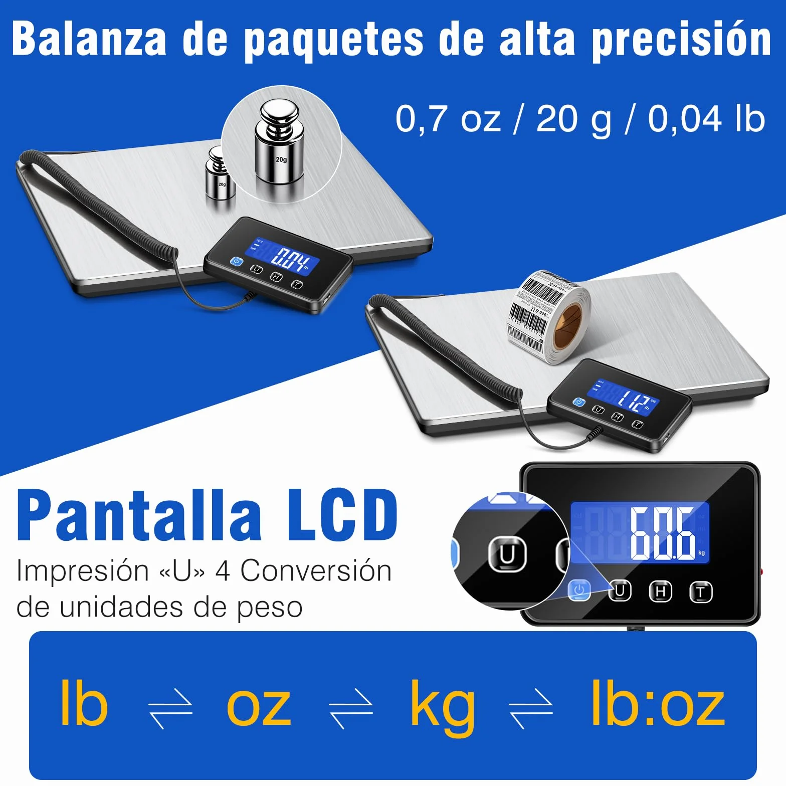 Báscula Digital 300kg Alta Precisión 20g, Báscula Industrial y Comercial con Pantalla LCD, Función Tara y Hold, Alimentación USB Recargable y Pilas, para Envíos, Paquetería y Uso Doméstico