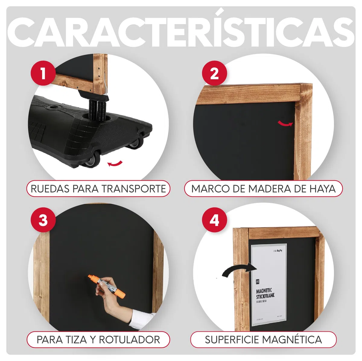 Pizarra Negra Doble Cara para Exterior con Base Rellenable y Ruedas | Pizarra Magnética y para Tiza y Rotulador | Marco de Madera de Haya | Cartel Publicitario para Hostelería (680x460 mm)