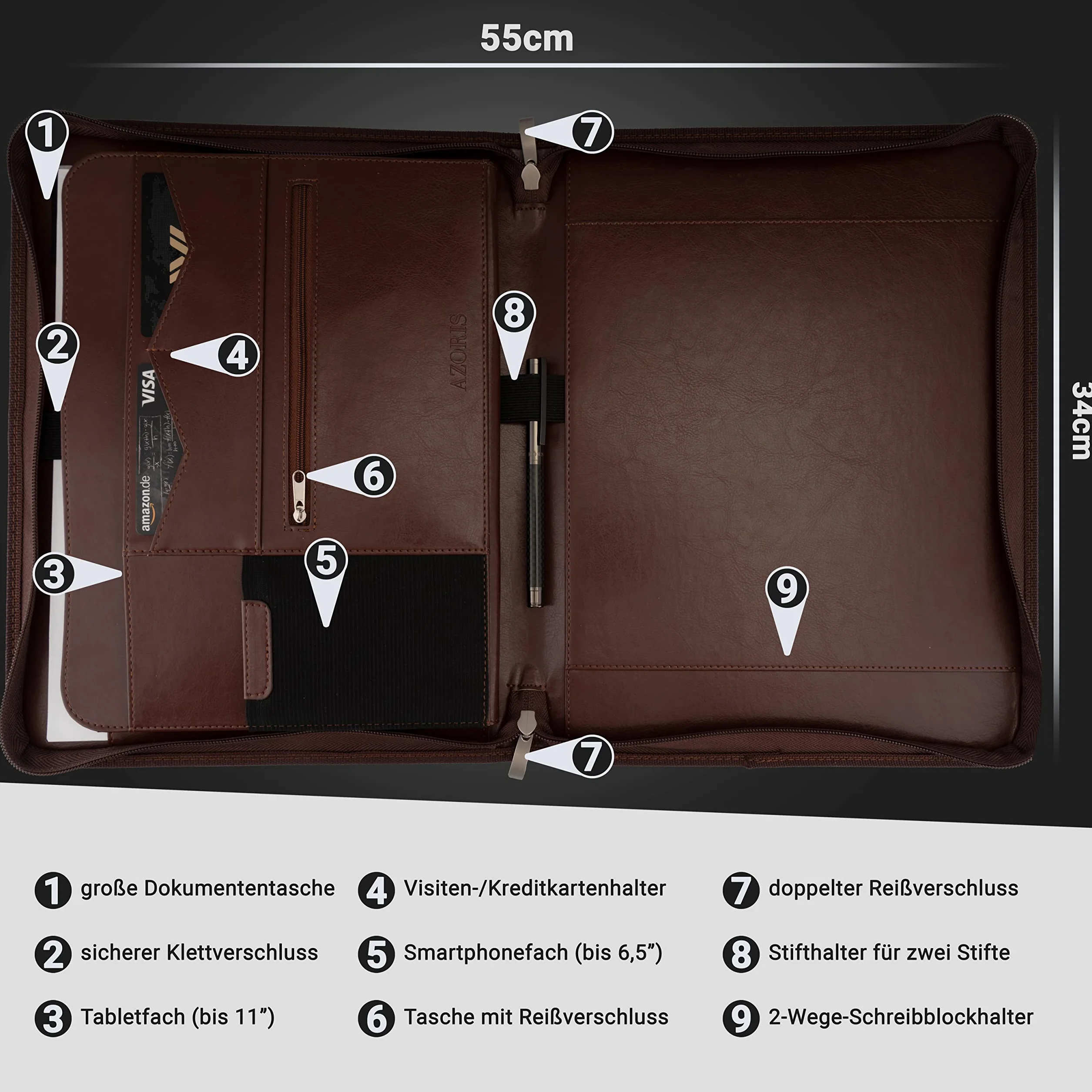 Carpeta A4 Premium con doble cremallera y compartimento para tablet de 13 pulgadas, iPad - Profesor profesional de piel sintética para hombre y mujer