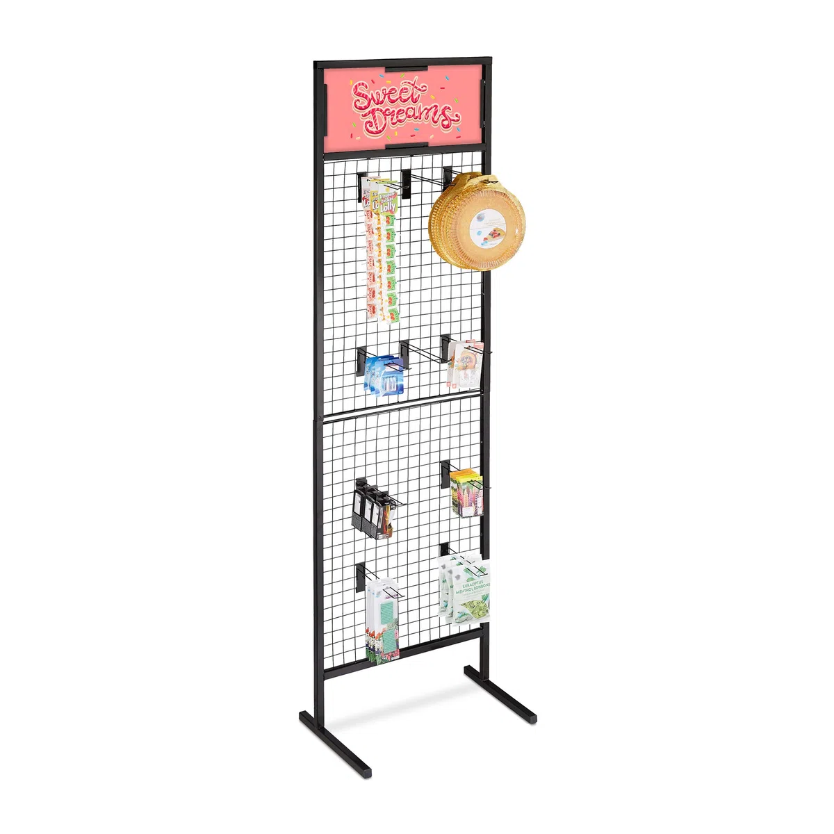 Relaxdays Mostrador de tienda, Panel expositor de rejilla, 10 ganchos, Acero, 21x65,5x44,5 cm, 1 Ud., Negro