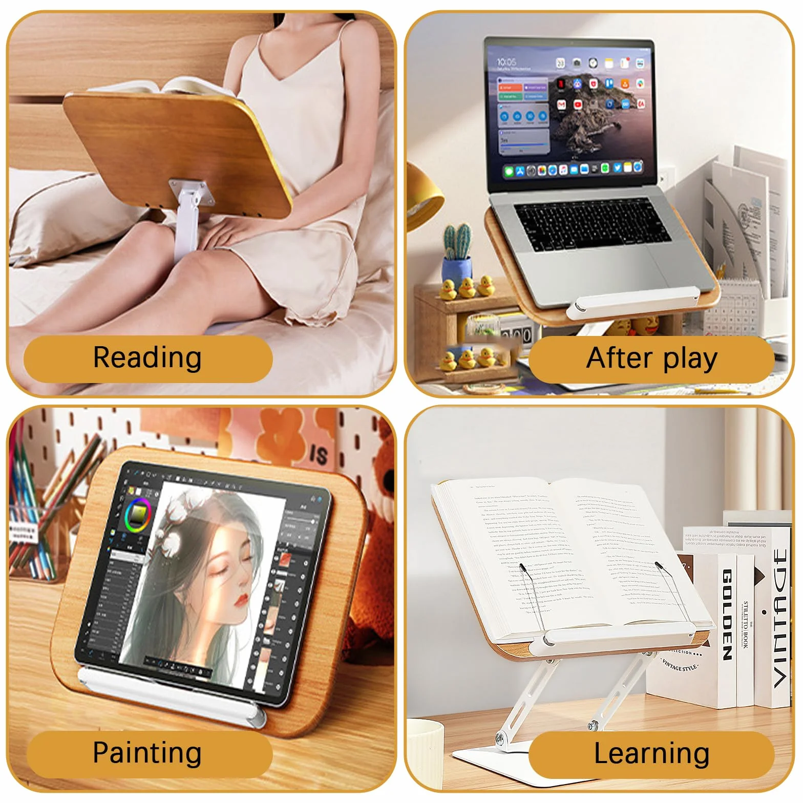 Atril para Libros de Madera con Base Giratoria 360°, Soporte de Lectura Regulable en Altura, Pupitre Ergonómico y Plegable para Escritorio, Cocina, Tablet y Libros de Texto, Recetas, Partituras
