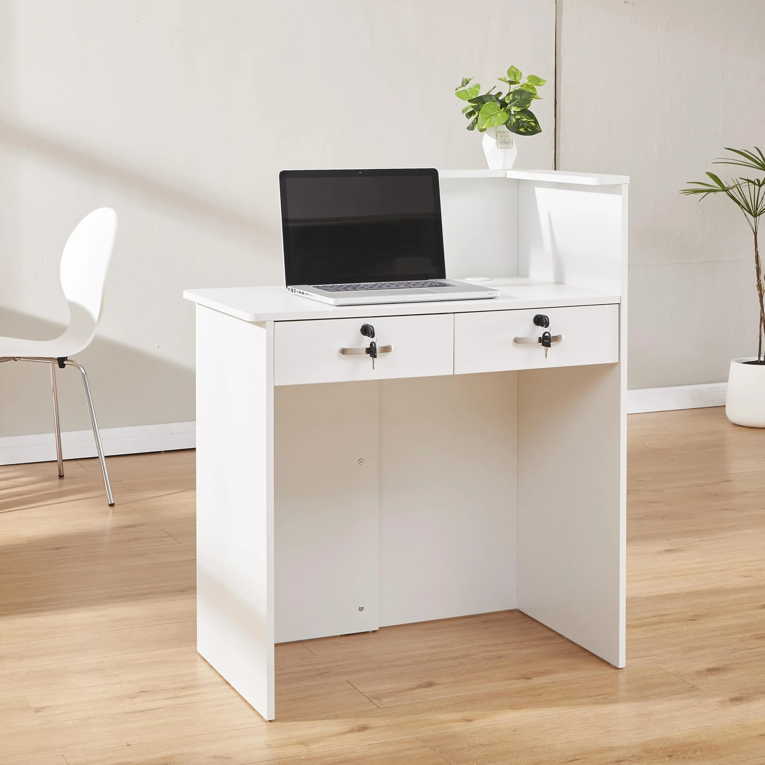 Mostrador de Recepción Moderno 80 cm MDF Cajón Cerradura Estantes Abiertos Escritorio Oficina