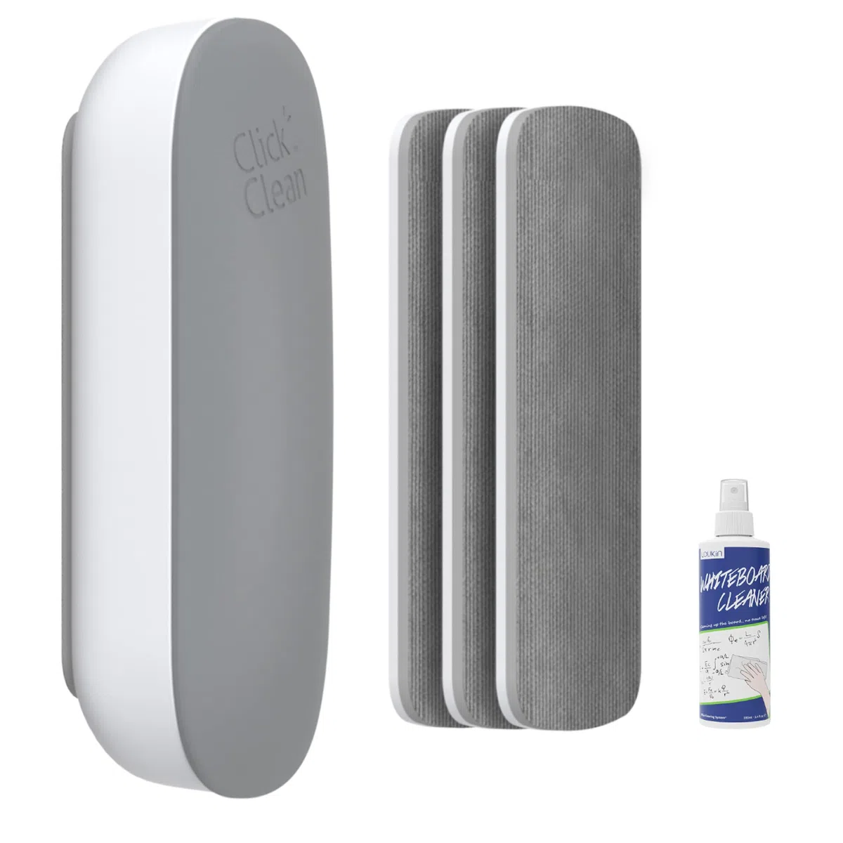 CLICK CLEAN Borrador de pizarra reemplazable de borrado en seco, borrador magnético 4 en 1 con 3 almohadillas de fieltro reemplazables, limpiador de pizarra blanca de 3.4 onzas incluido, diseñado para