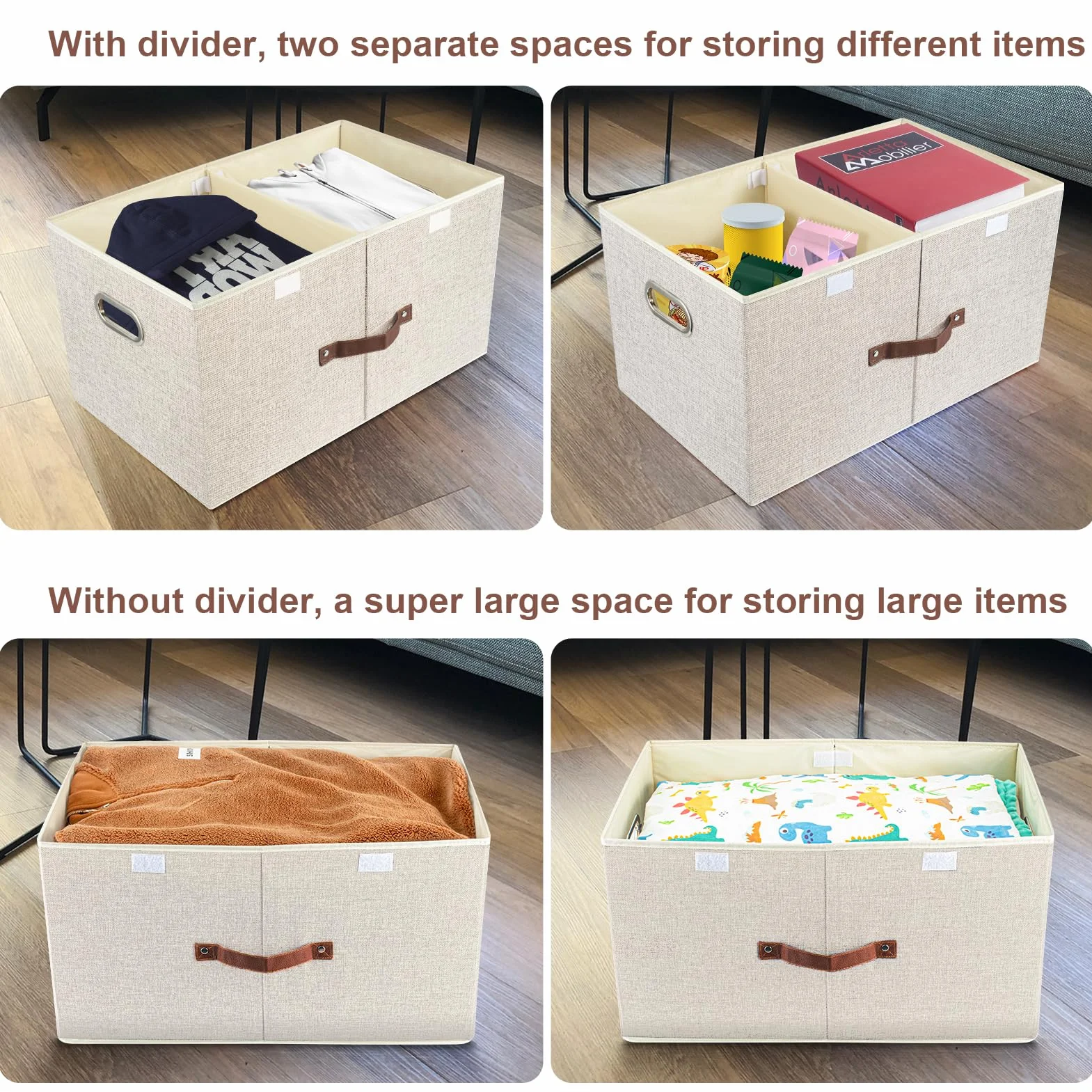 TYEERS Caja de Almacenaje con Compartimentos Extra Grande, Tela, Plegable, Caja Organizadora, 55x33x30 cm, Juego de 3, Beige