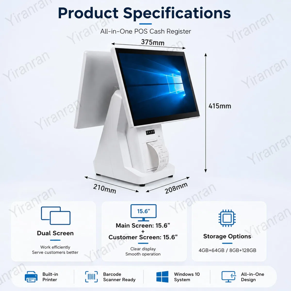 Caja registradora TPV todo en uno para pequeñas empresas, terminal TPV Windows con pantalla táctil dual de 15,6" e impresora de recibos integrada, 8 GB de RAM y 128 GB de almacenamiento, sistema de