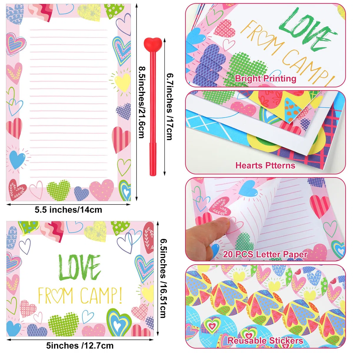 Motipuns El juego de 61 piezas de papelería de corazones de campamento incluye 20 hojas de notas con líneas, 20 sobres, 20 calcomanías y un bolígrafo para fiestas de cumpleaños, campamento,