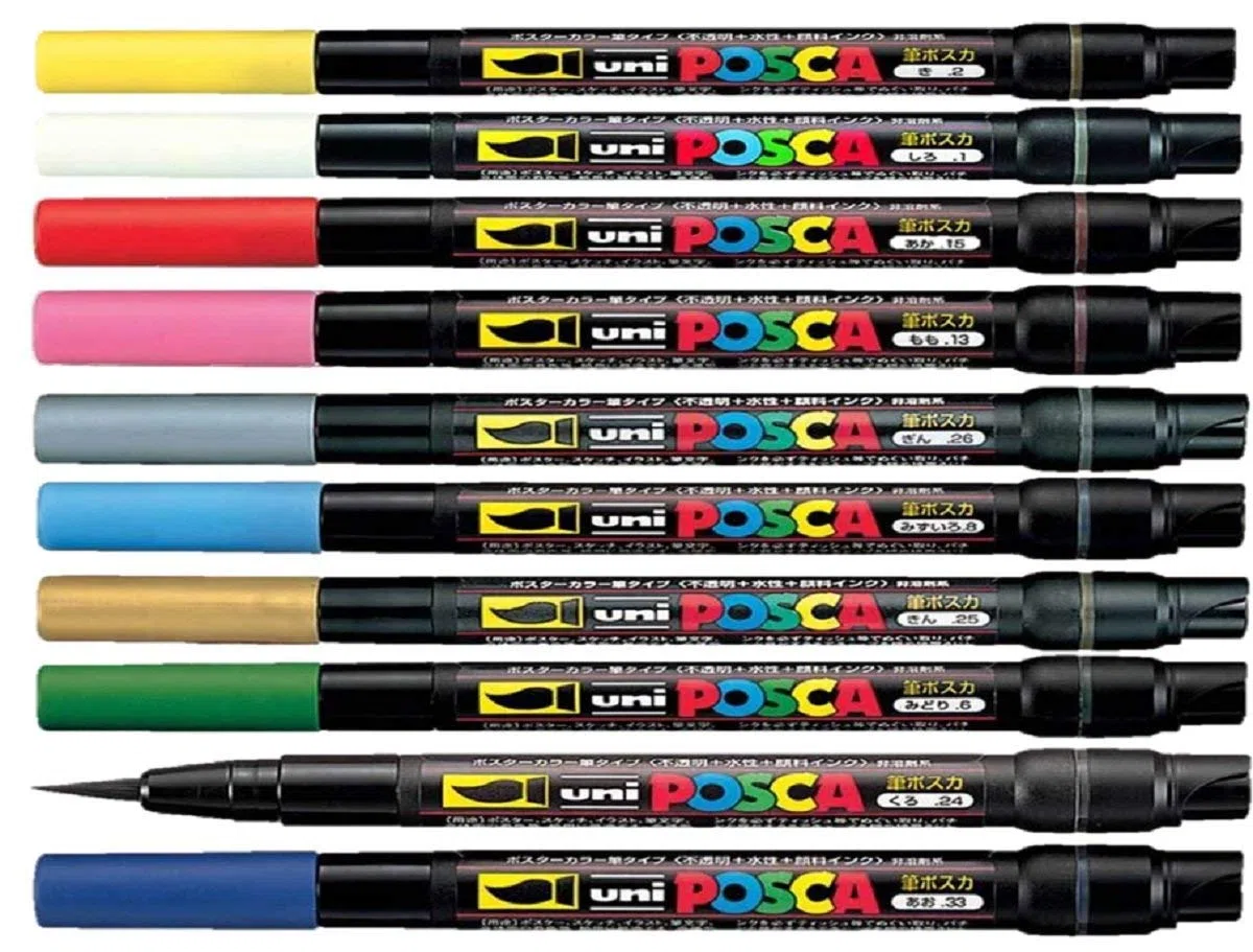 Uni Posca PCF-350 Assorted Colour Pack Paint Marker Pen 0,1-10 mm Brush Nib Writes On Any Surface Glass Metal Wood Plastic Fabric (1 Of Each Colour - 10 Pens)