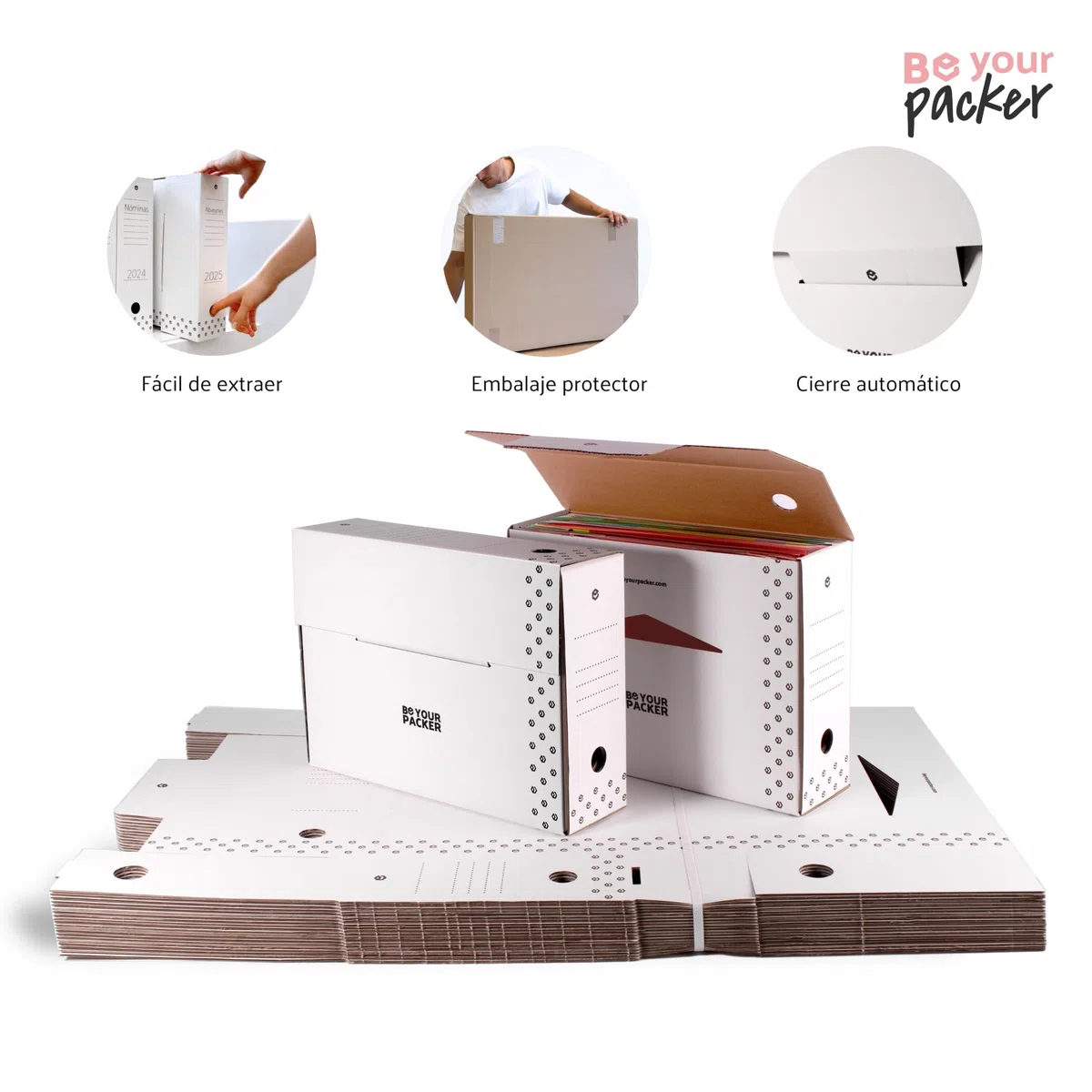 20 Cajas Archivo Definitivo A4 de Cartón Blanco Plegables y Automontables | Caja Archivadora Documentos Blanca | Organizador de Documentos A4 en vertical y horizontal | 35x25x10 cm