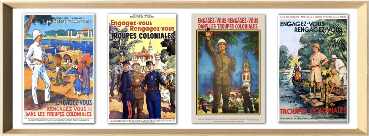 Cartel genérico tropas coloniales formato 33 x 95 cm sobre papel de lujo mate 250 gr con marco de madera natural