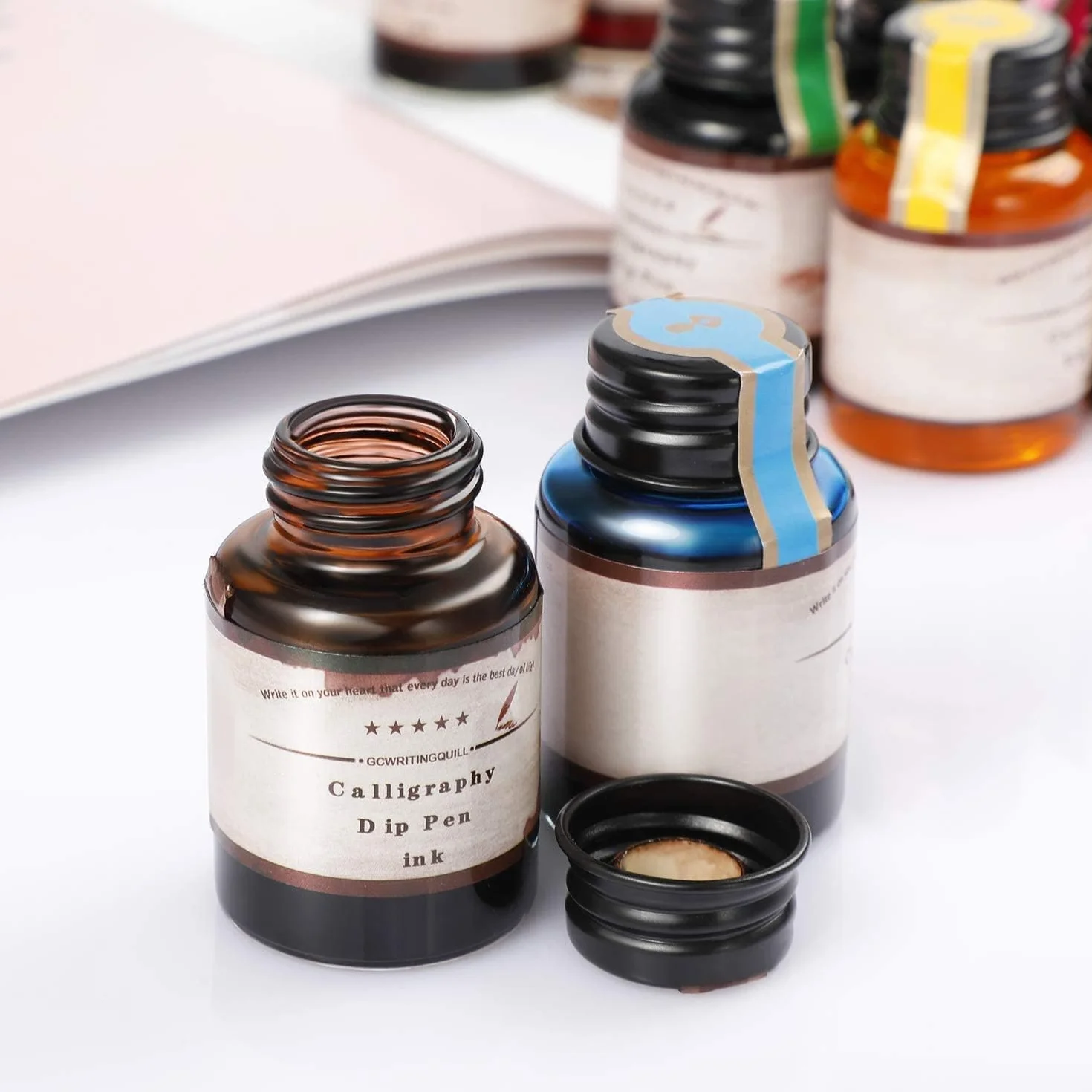 GC Tinta de caligrafía - Juego de 10 botellas de tinta de 20 ml de colores - Recarga de tinta sin carbón para pluma estilográfica - para llevar un diario, escribir y dibujar GC-710