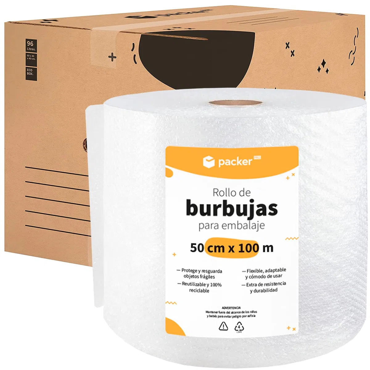 packer PRO Pack 10 Cajas Carton para Mudanzas y Almacenaje Ultra Resistentes con Asas de 60x40x40cm y Rollo Burbuja Embalaje de 50cm Ancho y 100m
