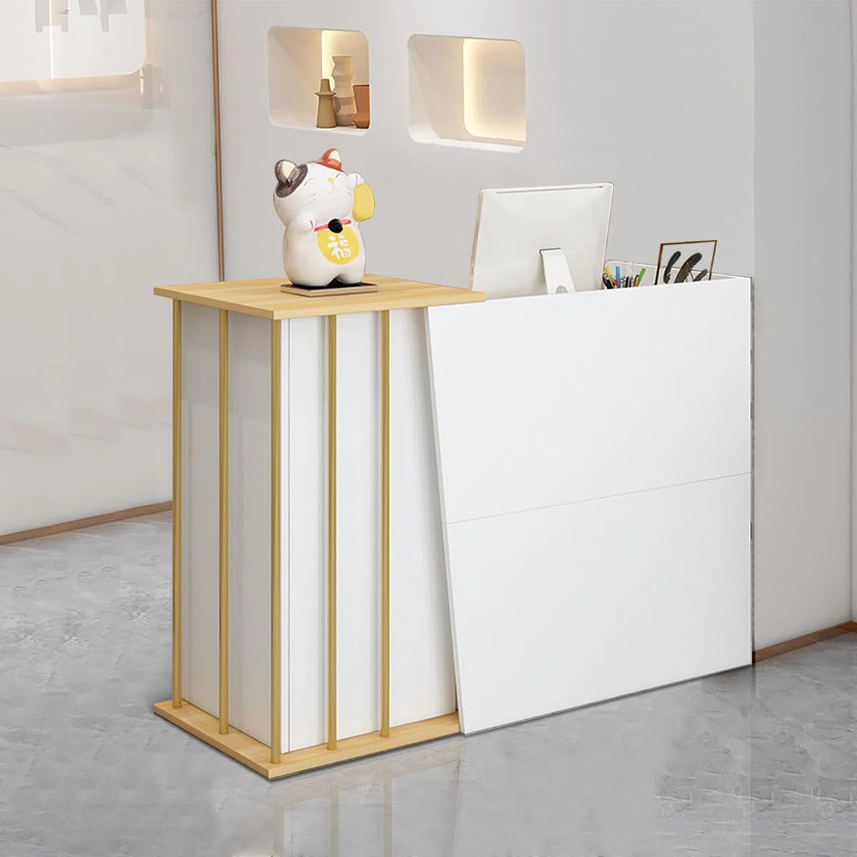 Mostrador Recepcion Madera con 4 Espacio de Almacenamiento Mostradores para Tiendas con 2 Cajones para Recepción para Oficina Clínica Tienda Ropa