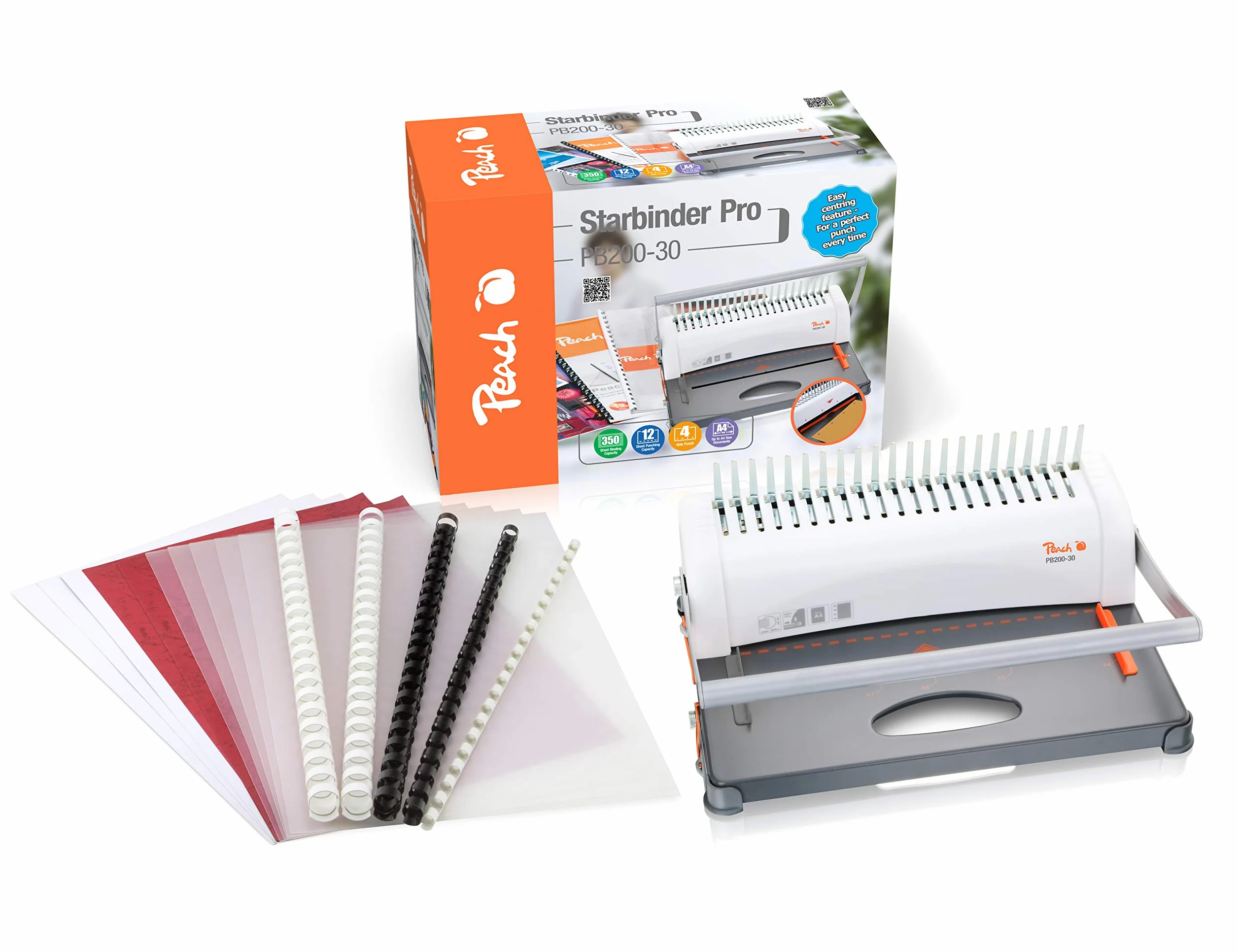 Peach Encuadernadora para plástico PB200-30 | Star Binder Pro - formato A4 | ganador de precio-rendimiento | encuaderna 350 hojas | canutillo máx. 38 mm. Capacidad de perforación 12 hojas. Incluye set inicial de 15 piezas