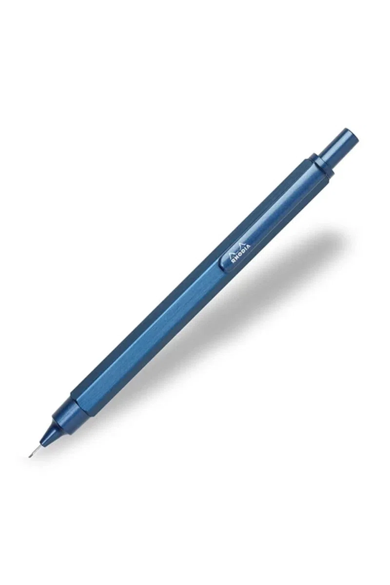 RHODIA 9393C – Portaminas escRipt Cuerpo hexagonal de aluminio cepillado – Azul – para Minas Grafito estándar, 0,5 mm, Canon de acero retráctil, goma bajo el pulsador – Colección scRipt