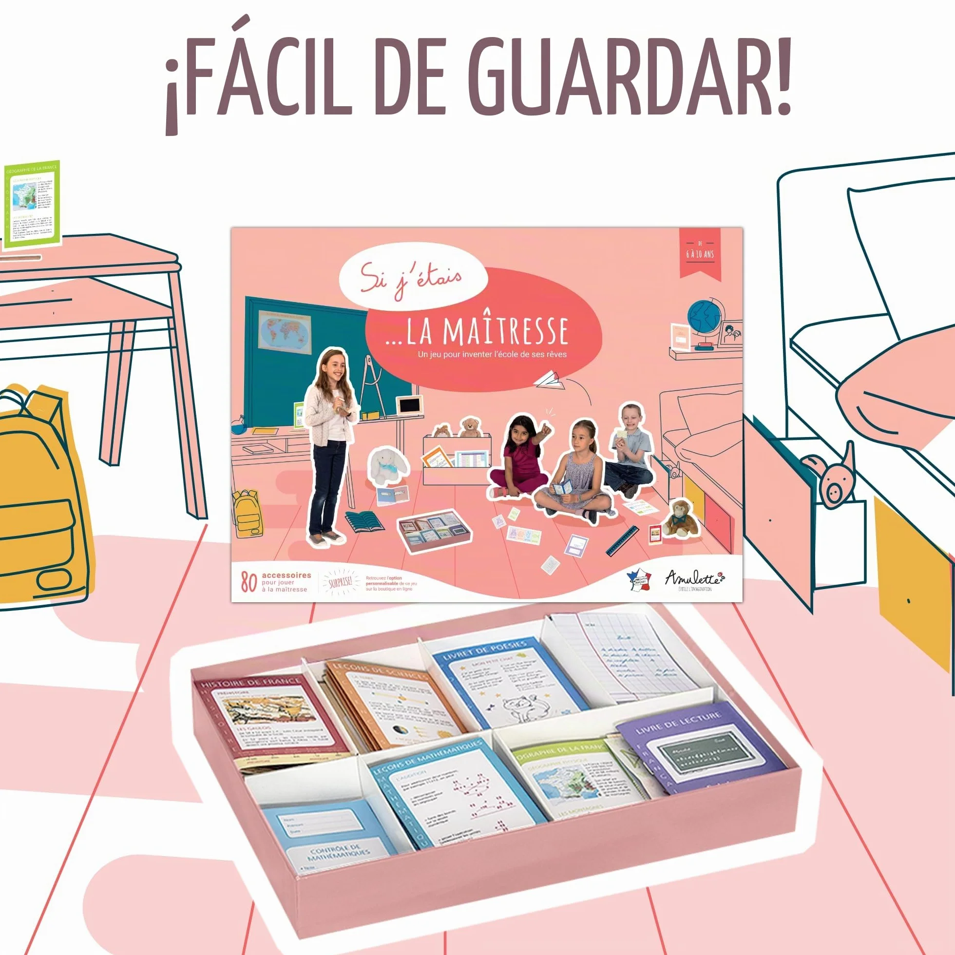Amulette - Si Fuera la Maestra - Juego Educativo de 6 a 10 Años - 80+ Accesorios para Jugar a la Maestra de Escuela Primaria - Juguete Regalo para Niños y Niñas - MAESTRA