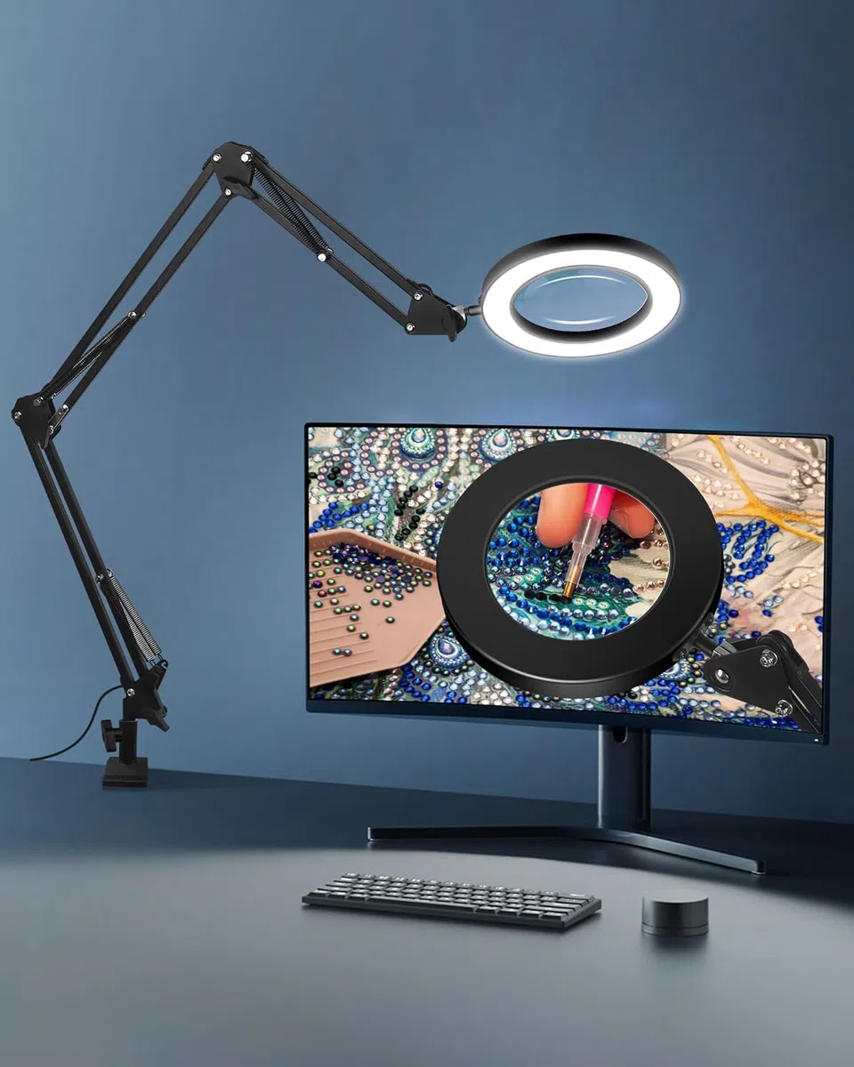 Lupa con luz y Brazo Extensible - sin Restricciones de Sspacio, Lupa con luz led para Manualidades de Vidrio con luz Ajustable y Abrazadera Estable, paraTrabajos de Aguja y Lectura