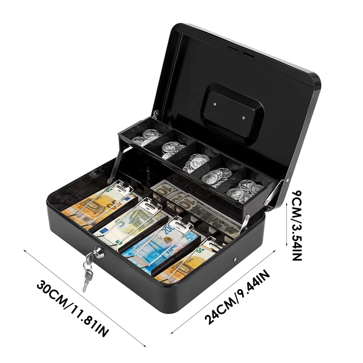 Cajón de efectivo, con cerradura, 4 compartimentos para billetes/5 | compartimentos para monedas, carcasa de metal, hucha con llaves, cajón pequeño para registradora, de efectivo con c