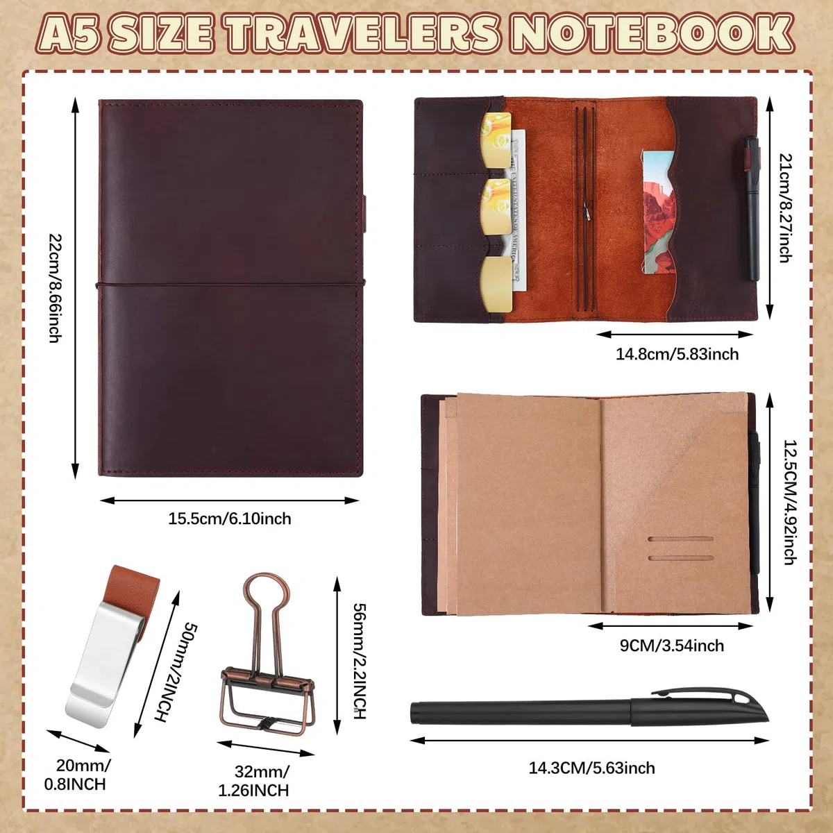 Eaasty El kit de accesorios para viajeros incluye funda de cuero para cuaderno con bolsillos interiores, recambio de cuaderno de viaje A5, soporte para bolígrafo, clip para carpeta y bandas elásticas