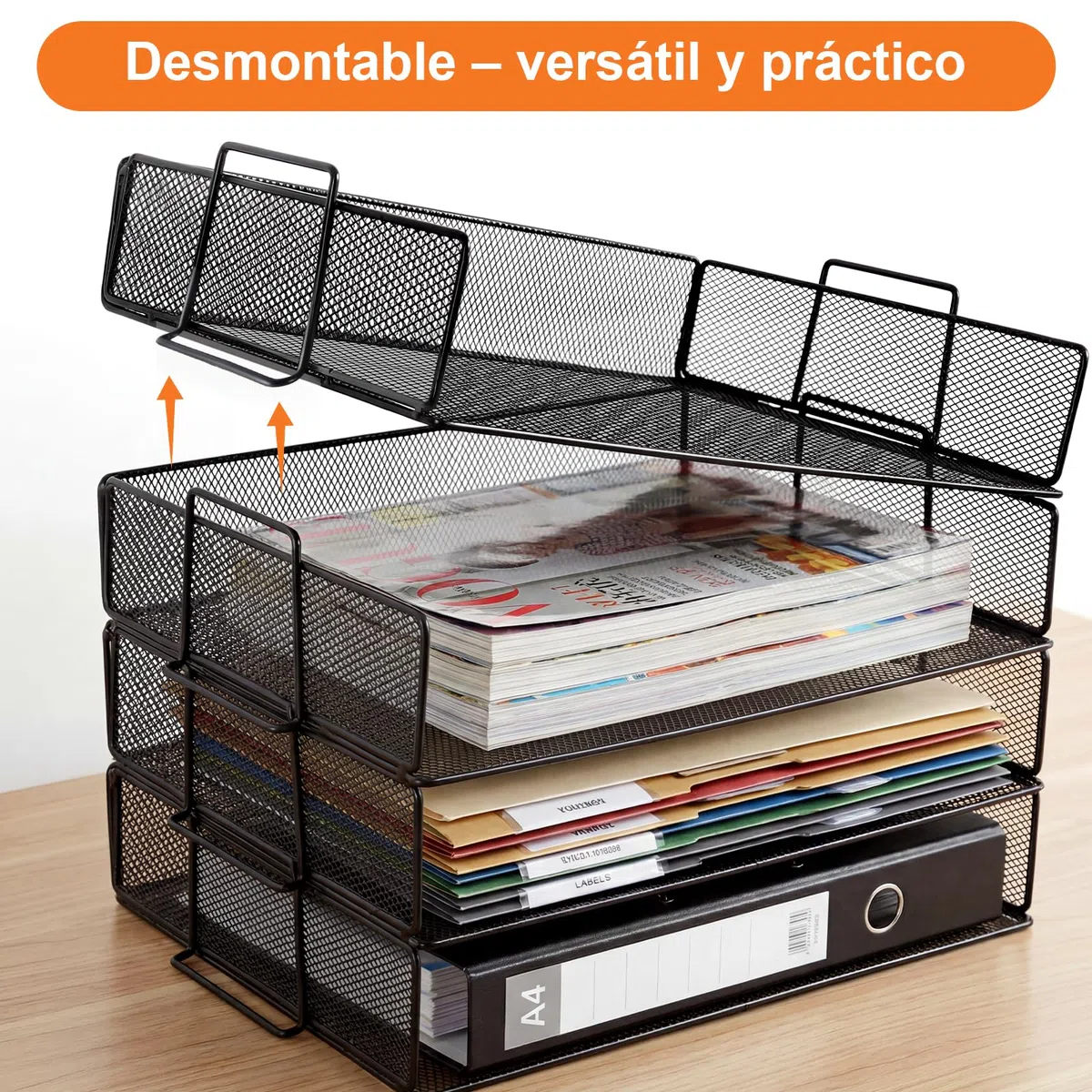 Estante apilable para Documentos A4, Organizador Escritorio con 4 bandejas y 1 portalápices, Apto para Documentos A4, Estante de Escritorio metálico, Estante de Escritorio (Negro)