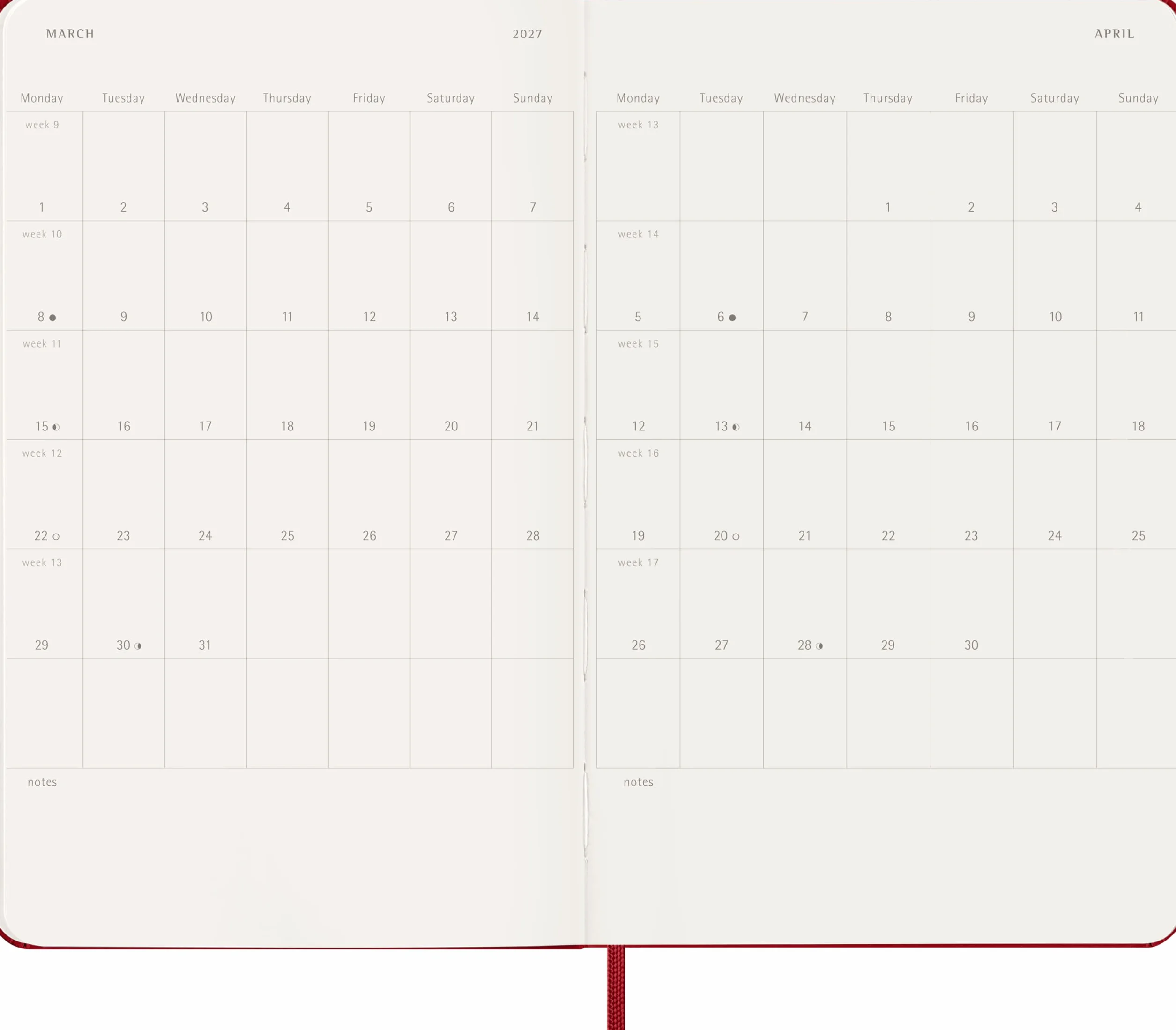 Moleskine Agenda Semanal 2027, Tapa Dura, 12 Meses, Formato L 13x21 cm, Rojo Escarlata