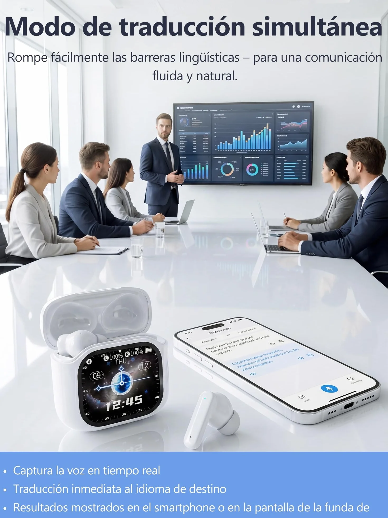AI Auriculares Traductor en Tiempo Real: Traductor Instantáneo de Voz 156 Idiomas | 3-en-1 con Pantalla Táctil LCD | 98% Precisión | 7 Modos Traducción | Bluetooth 5.4| Ideal Viajes/Negocios/Estudios