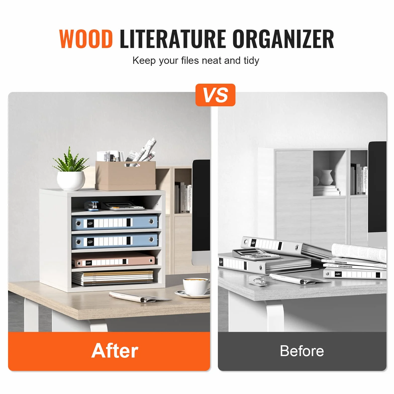 VEVOR Organizador de Literatura de madera Aglomerado Estante de Almacenamiento de Documentos de 5 Compartimentos 35,5x30,5x33 cm Clasificador de Literatura con Estantes Ajustables para Oficina, Blanco