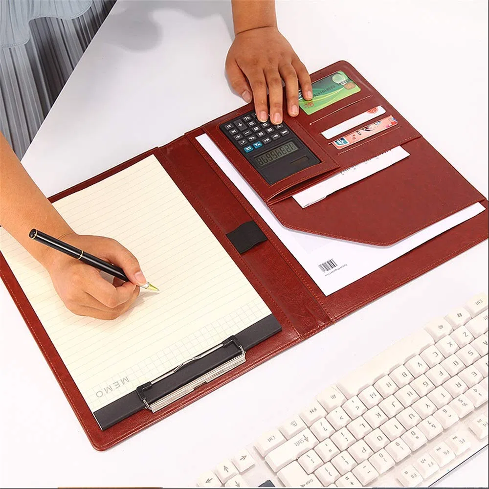 Carpeta de conferencias, multifunción, con calculadora, profesional, para entrevistas, currículum, organizador de archivos, bolsa de documentos de negocios (negro, 320 x 248 mm)
