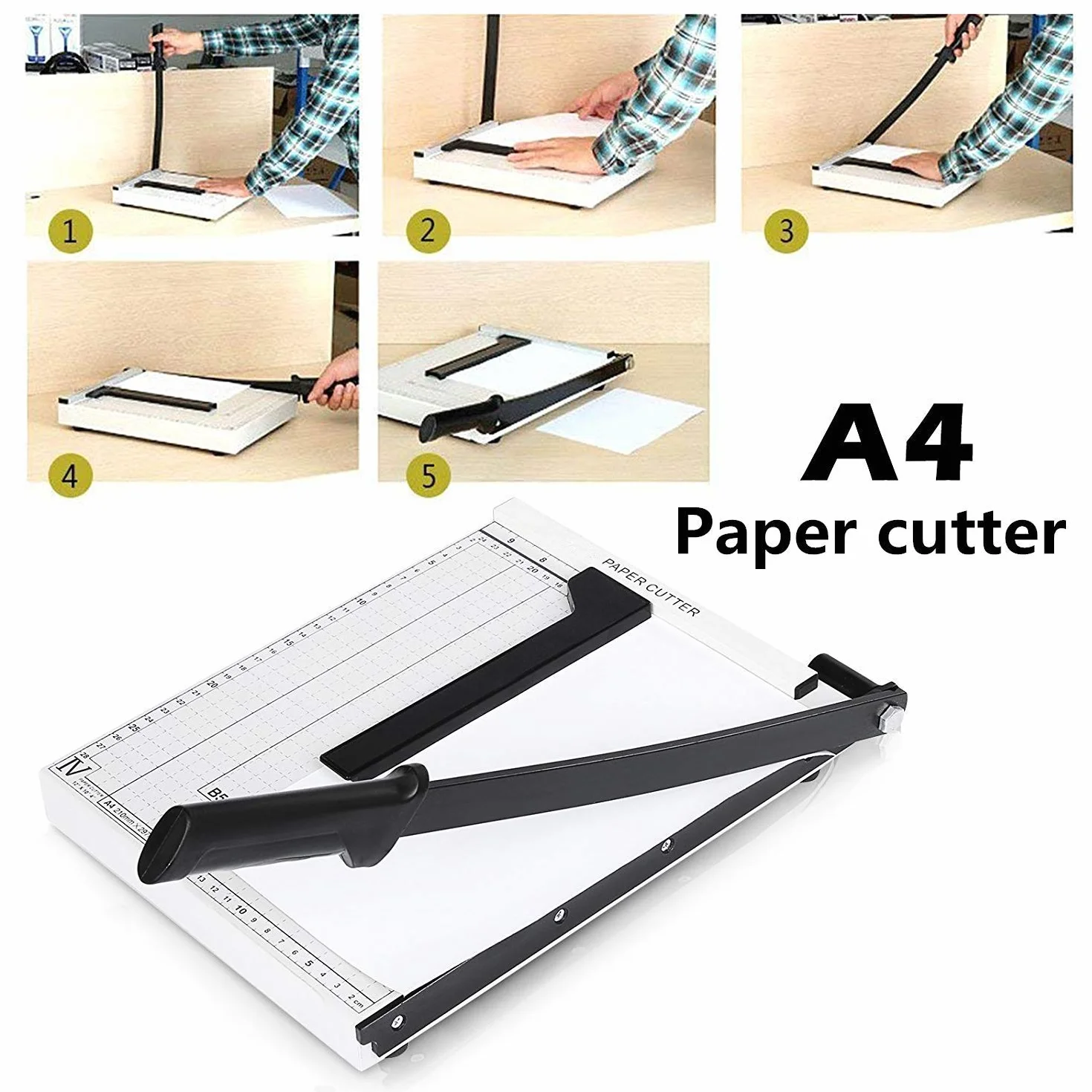 Guillotina de Papel A3 B4 A4 Cortador de Papel,32.5 x 25.5 x 3cm,Base de Metal,Blanco (A4)