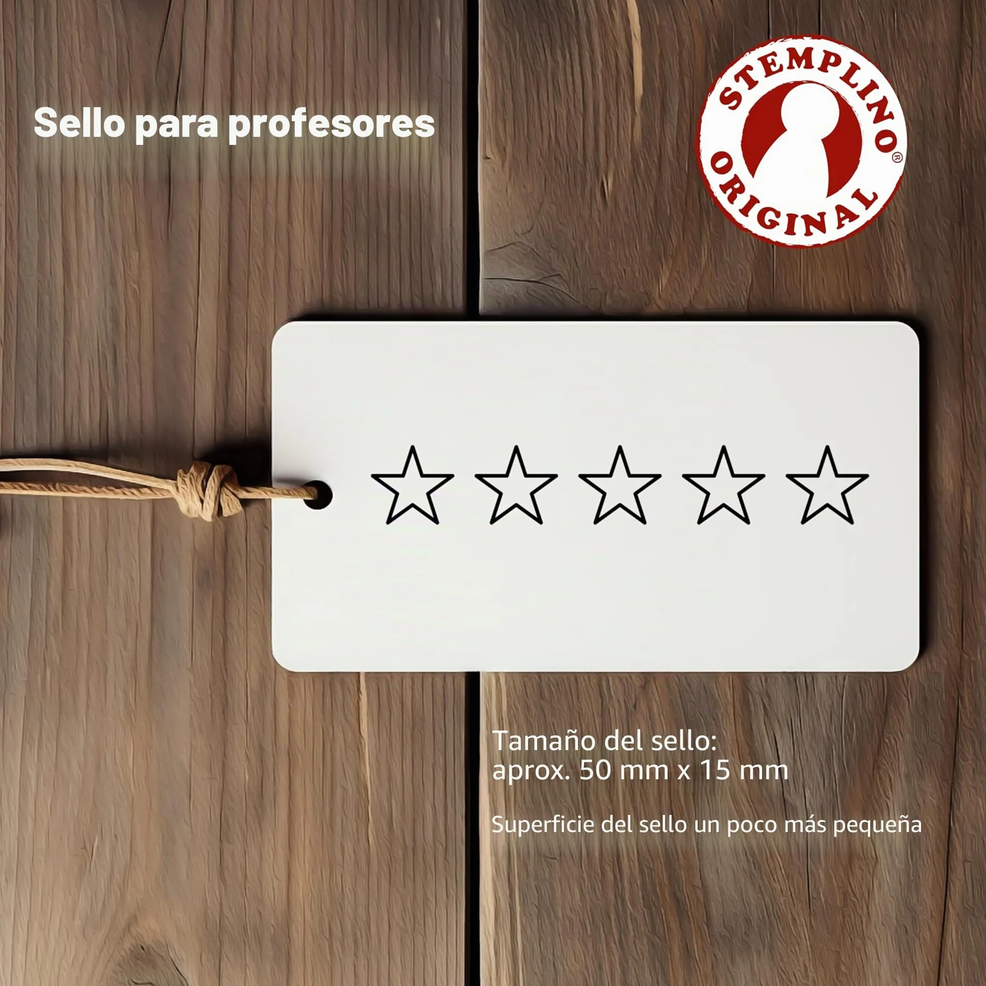 Stemplino® Sello para profesores - Calificación de 5 estrellas - 50mm x 15mm - Sello de madera con texto para profesores para corregir pruebas, sello de elogio para educadores de la escuela