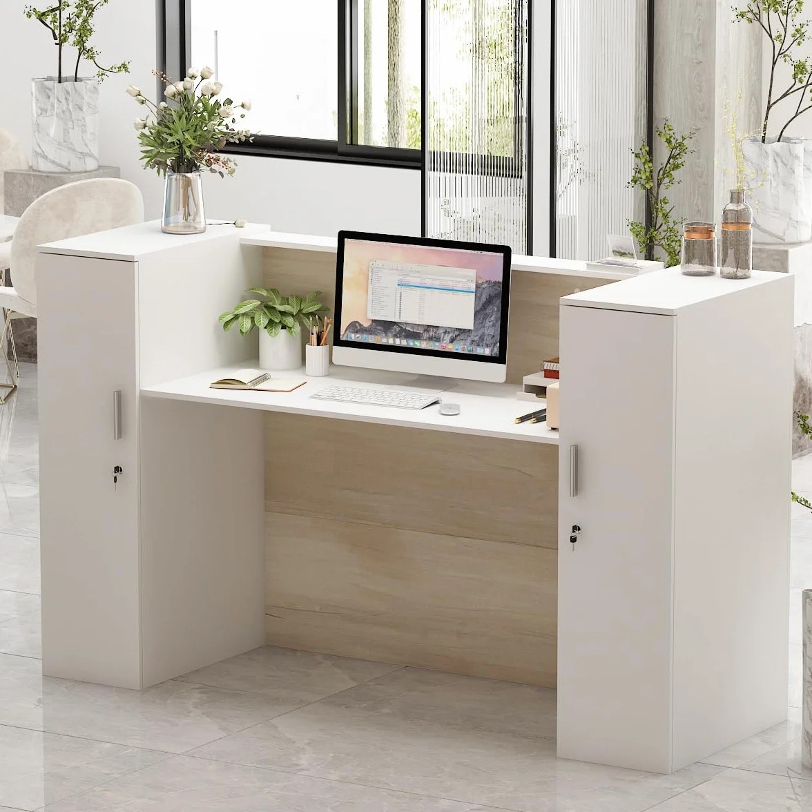 Mueble Recepción, Mostradores de Recepción Grandes, Mostradores para Tiendas con Estantes Ajustables, Recepción Mueble, Madera +Blanco, 180 X 60 X 110CM, MDF