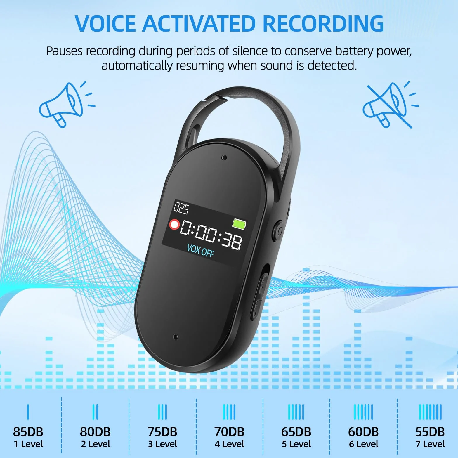 64GB Grabadora de Voz - Portátil Mini Grabador de Audio Digital Profesional con Activación por Voz y MP3, Diseño en Llavero, AGC Reducción de Ruido, Clases, Reuniones, S29 (Black)