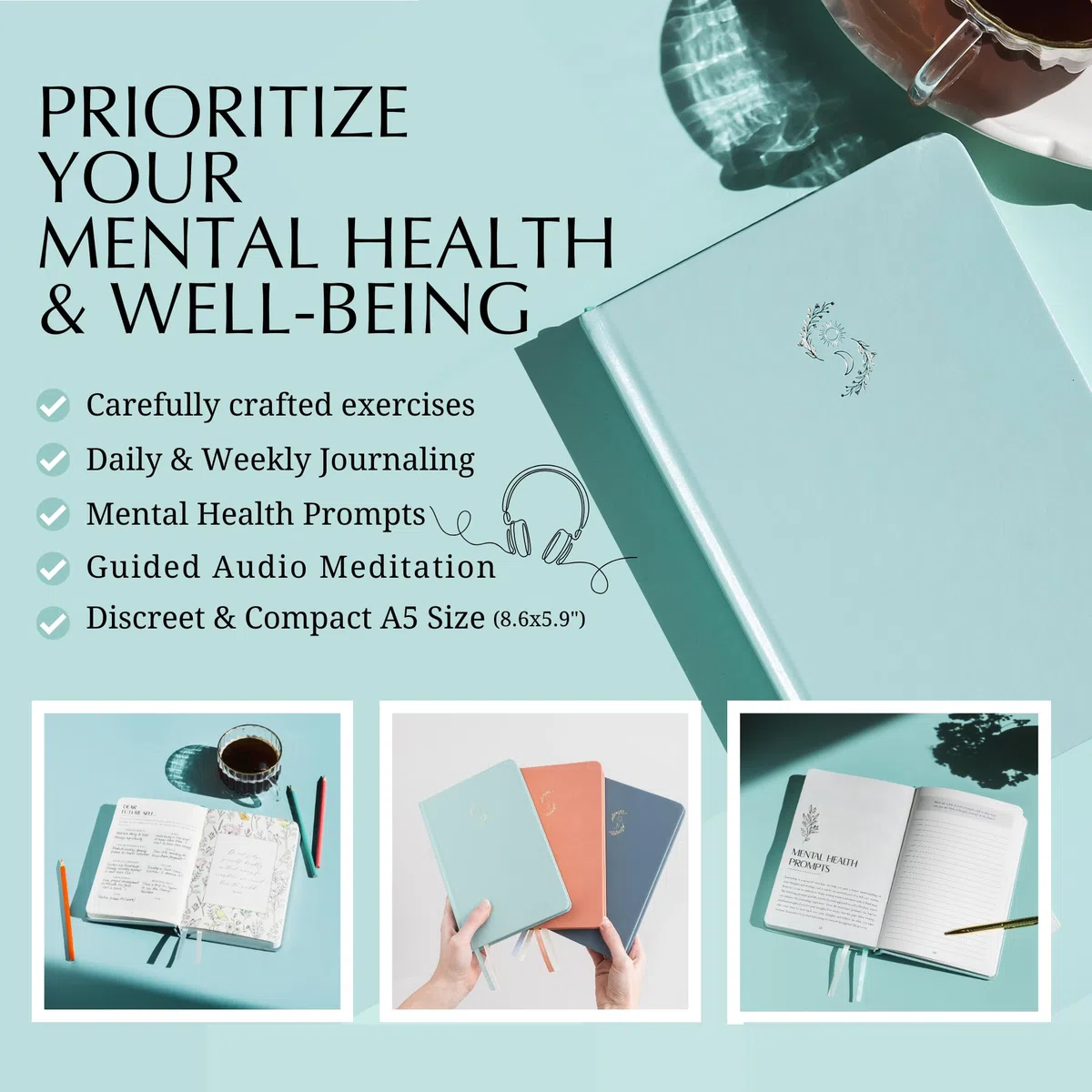 LIFTINSPIRE CO. FINDING BALANCE - Diario de salud mental – Diario diario de 6 meses con indicaciones para atención plena, cuidado personal y curación – Alivio de la ansiedad y la depresión – Tapa dura